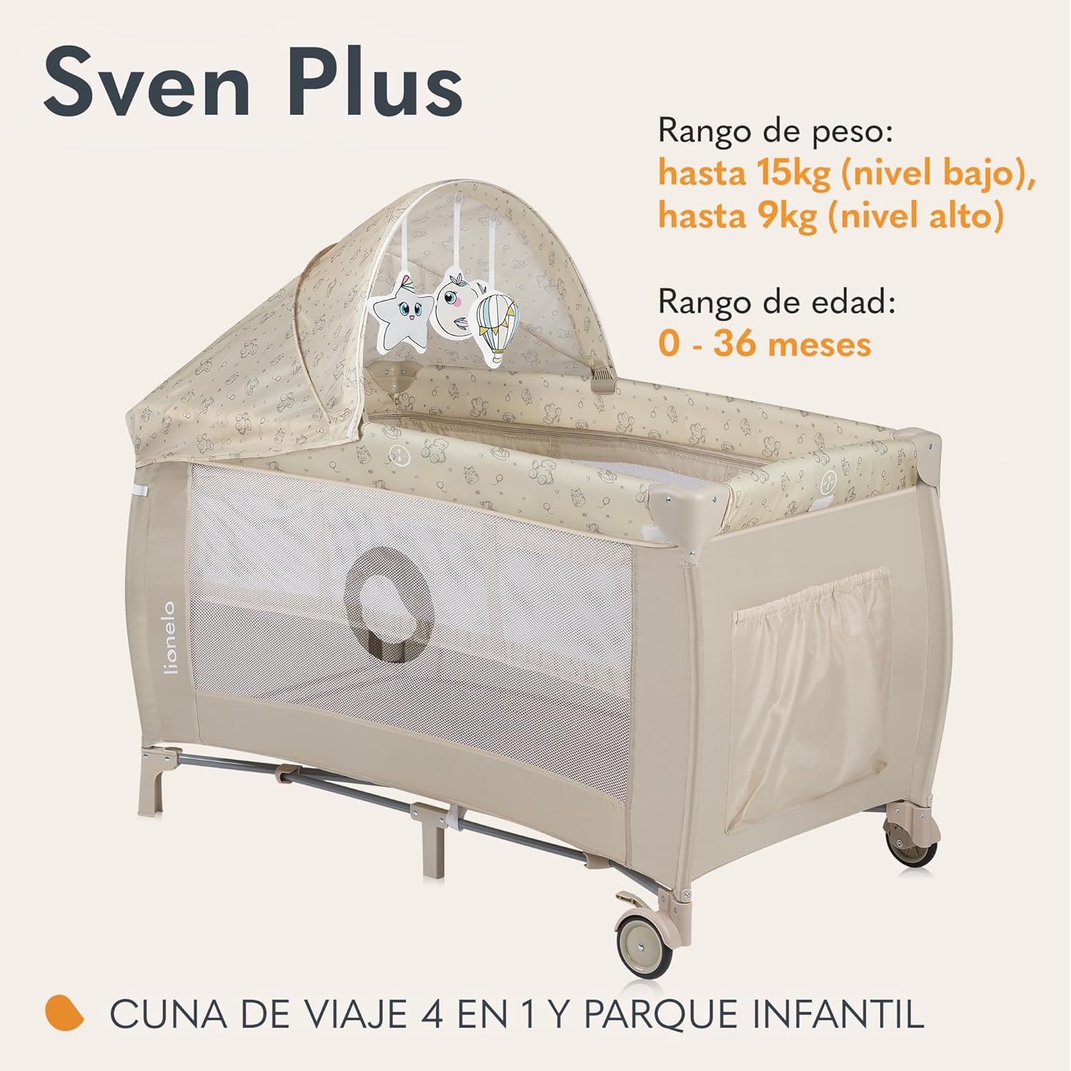 lionelo Sven Plus 2en1 Cuna de Viaje y Parque de bebés 0-36M para niños hasta 15 kg Función de Cambiador Mosquitero Apertura Lateral con Cremallera Ajuste de Altura Gris y Turquesa