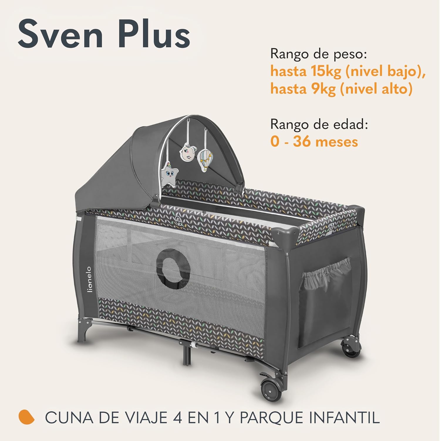 lionelo Sven Plus 2en1 Cuna de Viaje y Parque de bebés 0-36M para niños hasta 15 kg Función de Cambiador Mosquitero Apertura Lateral con Cremallera Ajuste de Altura Gris y Turquesa
