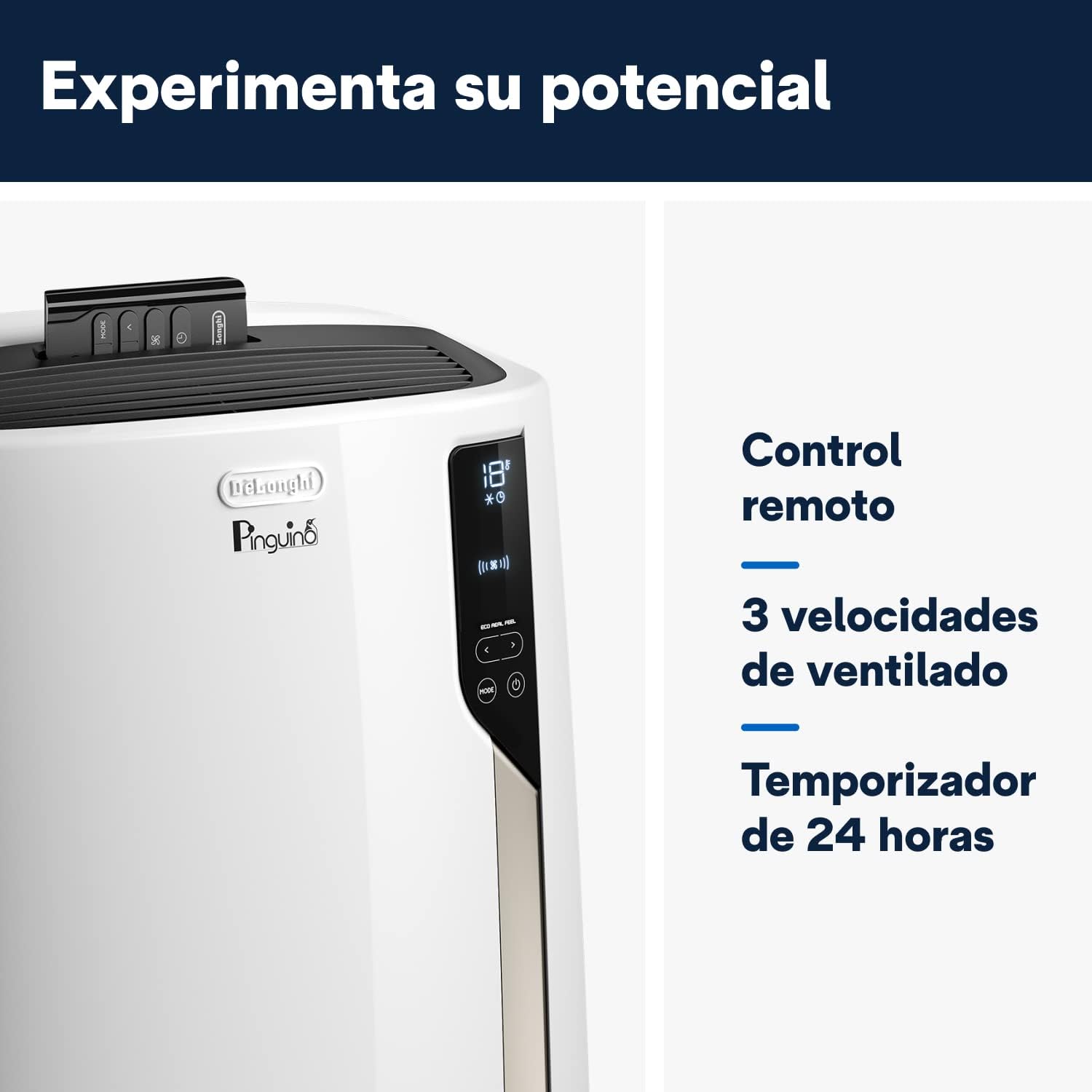 Pingüino PACEL98 ECO Silent Aire Acondicionado Portátil Silencioso con Tecnología Eco Real Feel, Interfaz Digital, Función Deshumidificadora, 2.7 kW, 64 dB, Plástico, Blanco, Clasa A, 100m3