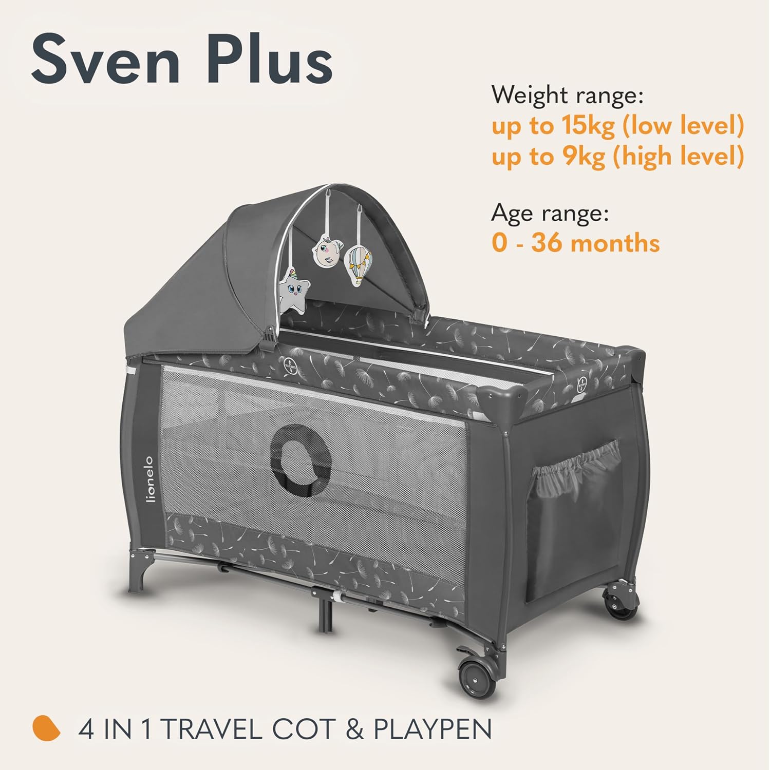 lionelo Sven Plus 2en1 Cuna de Viaje y Parque de bebés 0-36M para niños hasta 15 kg Función de Cambiador Mosquitero Apertura Lateral con Cremallera Ajuste de Altura Gris y Turquesa