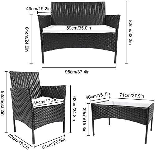 bigzzia. Juego de Muebles de jardín de ratán, 4 Piezas, Muebles de Mimbre para Patio, 2 sillones, 1 sofá de Dos Lugares y 1 Mesa (Negro)
