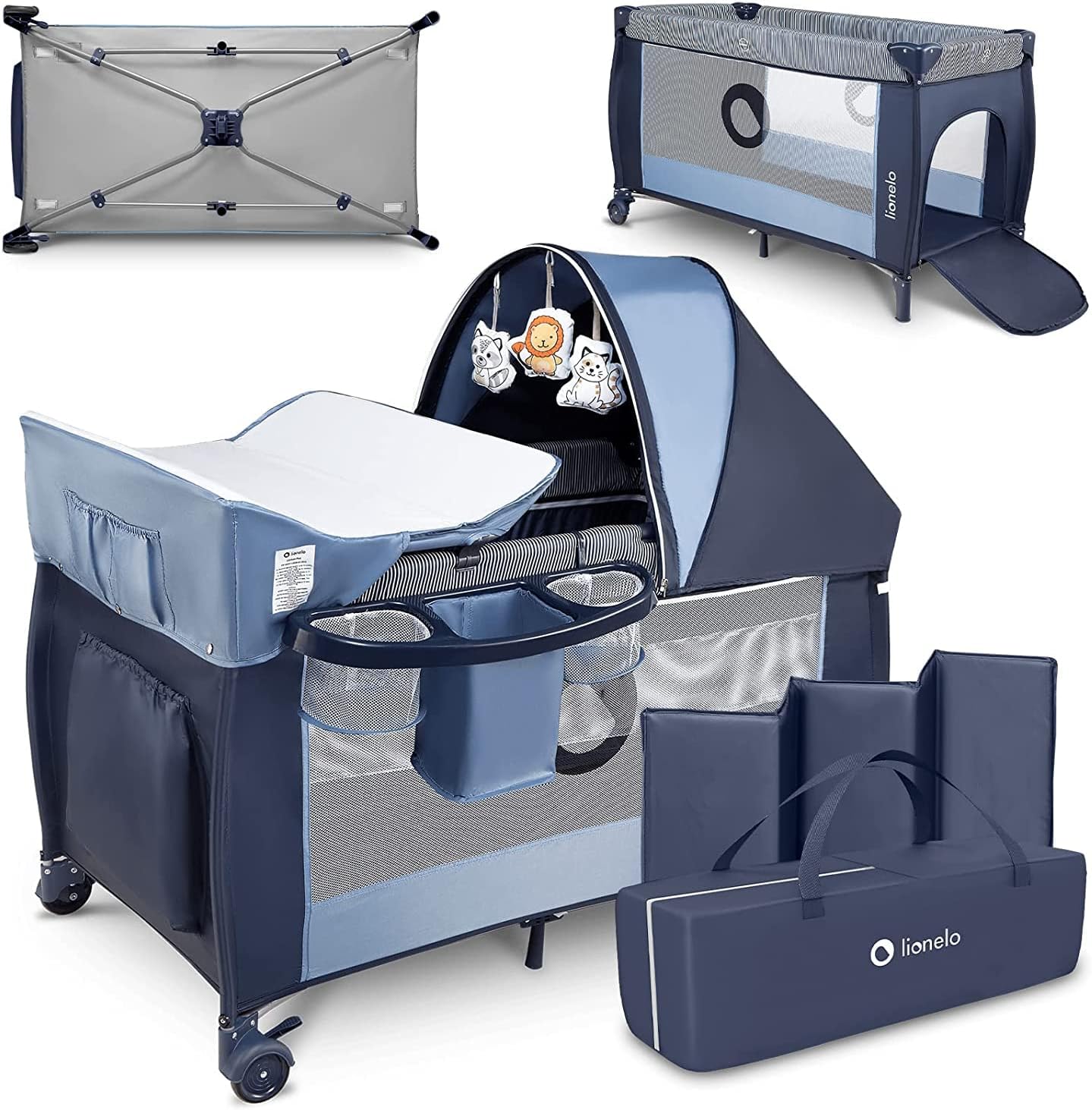 lionelo Sven Plus 2en1 Cuna de Viaje y Parque de bebés 0-36M para niños hasta 15 kg Función de Cambiador Mosquitero Apertura Lateral con Cremallera Ajuste de Altura Gris y Turquesa