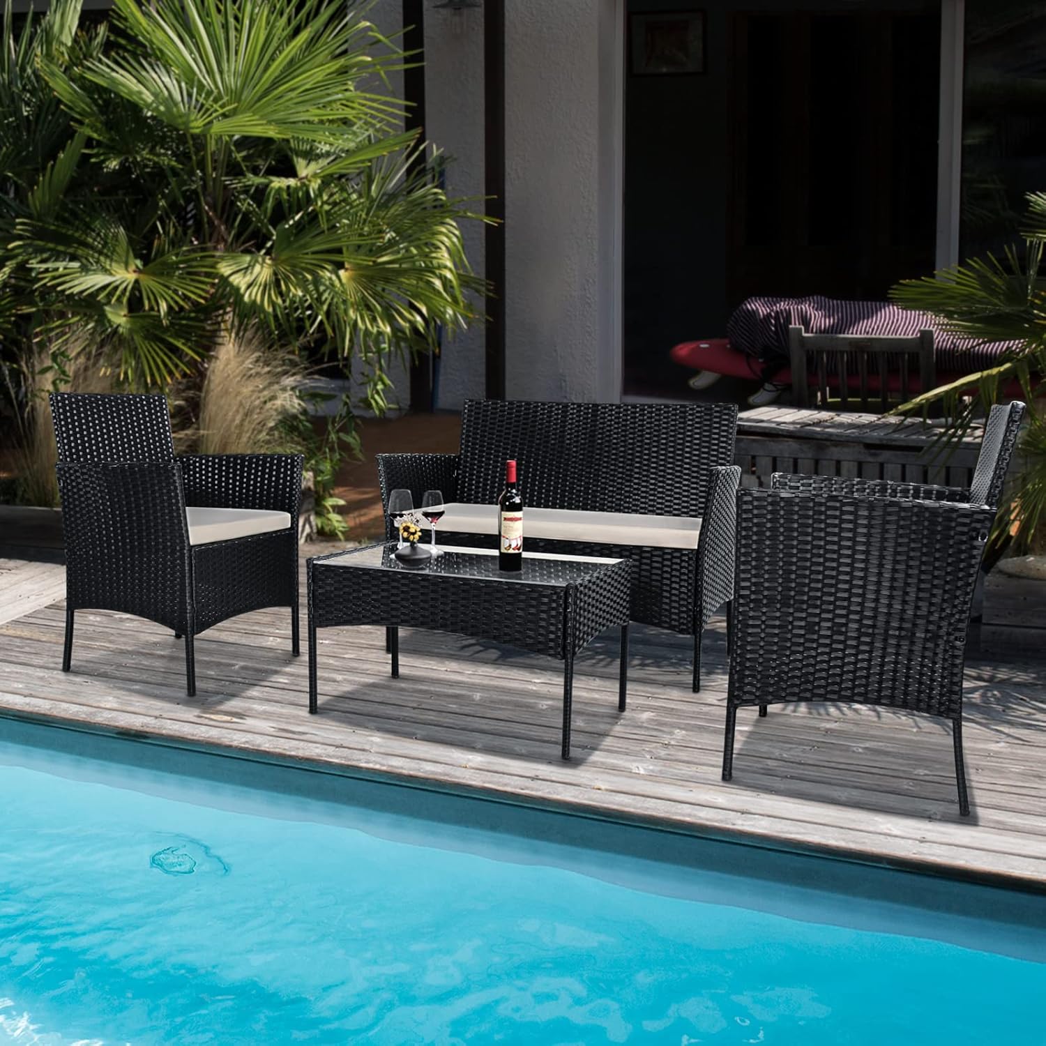 bigzzia. Juego de Muebles de jardín de ratán, 4 Piezas, Muebles de Mimbre para Patio, 2 sillones, 1 sofá de Dos Lugares y 1 Mesa (Negro)