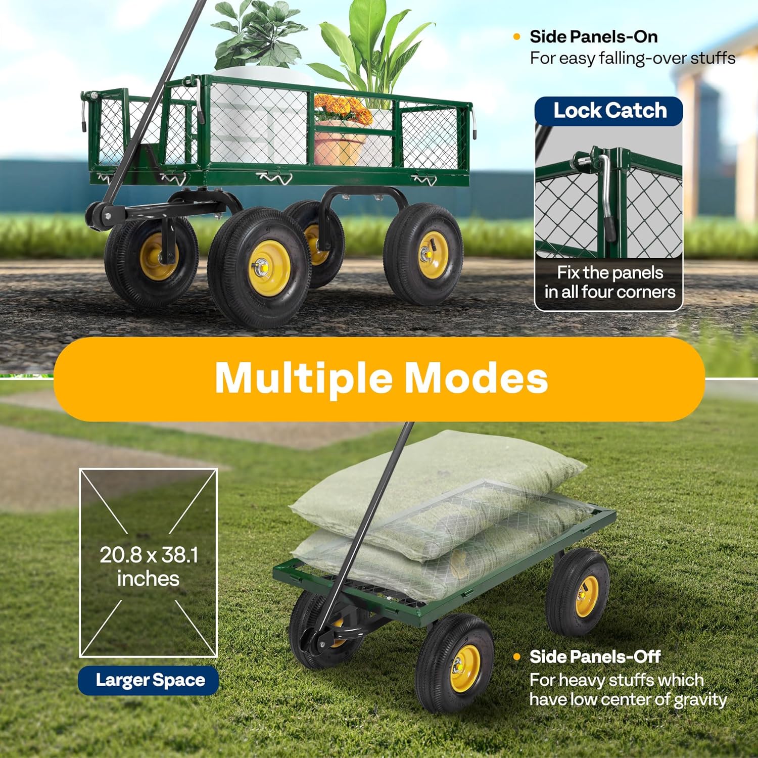 Carro de jardín con Laterales Desmontables, Carretilla de Mano hasta 400kg con Ruedas neumáticas de 4” Carro de Transporte con manija giratoria de 180° para jardín Camping Festival