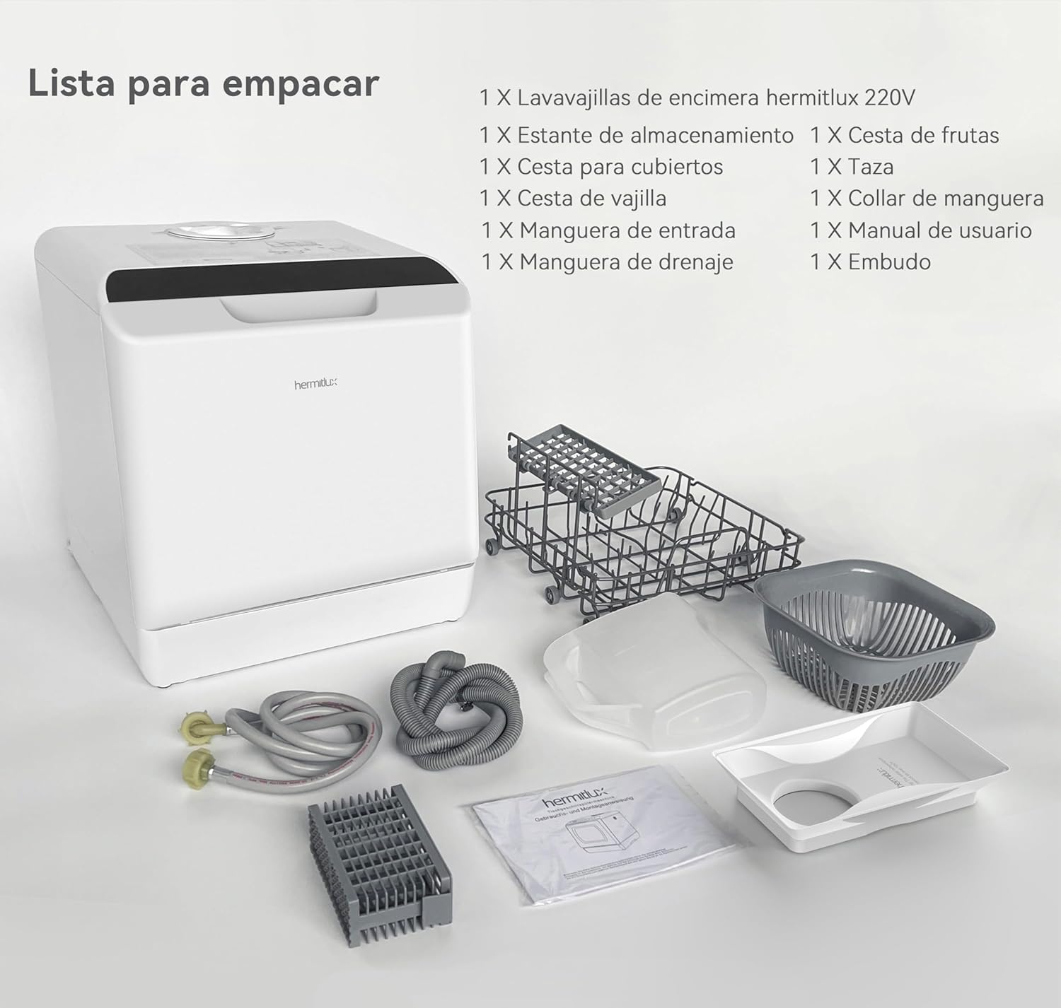 Mini lavavajillas compacto, para usar con o sin grifo, 43 cm de ancho, para 4 juegos, apto para camping, portatil, 175 kWh/año, Libre instalación, blanco