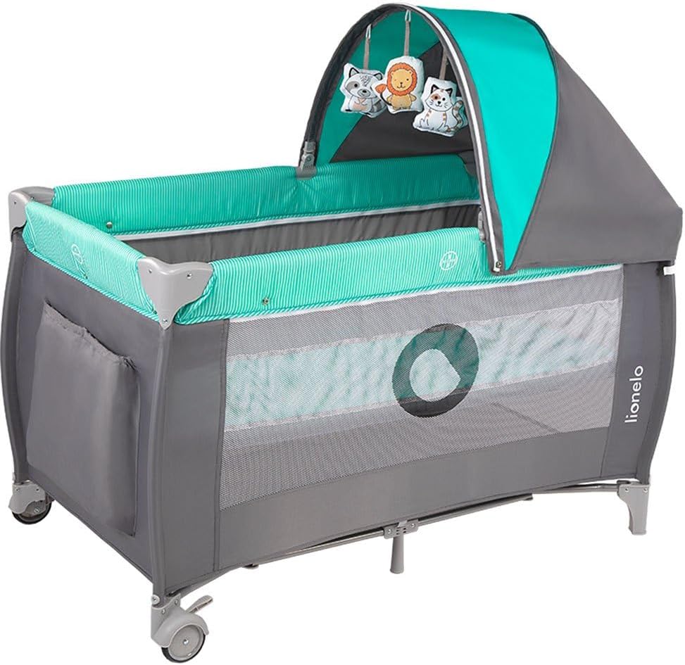 lionelo Sven Plus 2en1 Cuna de Viaje y Parque de bebés 0-36M para niños hasta 15 kg Función de Cambiador Mosquitero Apertura Lateral con Cremallera Ajuste de Altura Gris y Turquesa