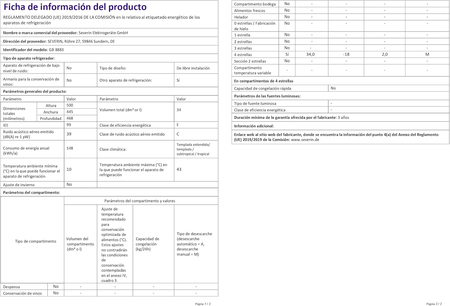 SEVERIN Mini congelador con 4 estrellas de congelación, congelador pequeño con estante de vidrio, congelador bajo para hogares con poco espacio, 31 litros, blanco, GB 8883