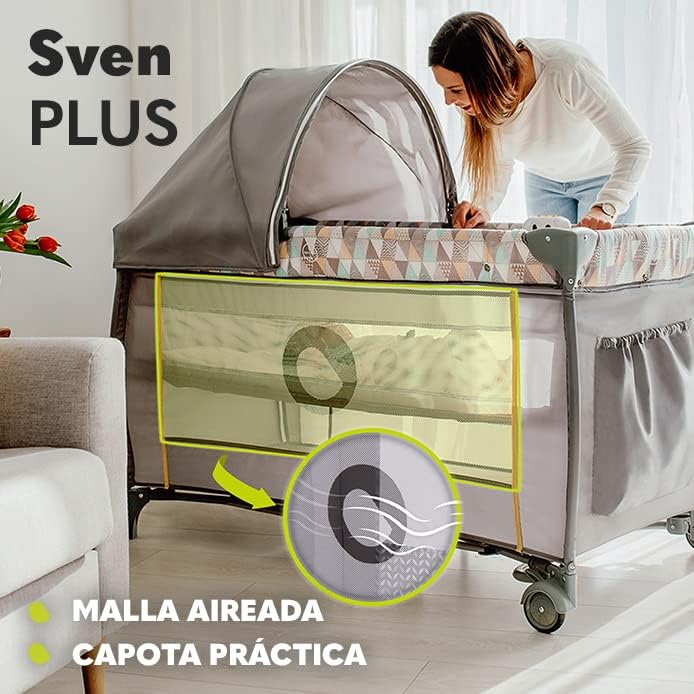 lionelo Sven Plus 2en1 Cuna de Viaje y Parque de bebés 0-36M para niños hasta 15 kg Función de Cambiador Mosquitero Apertura Lateral con Cremallera Ajuste de Altura Gris y Turquesa