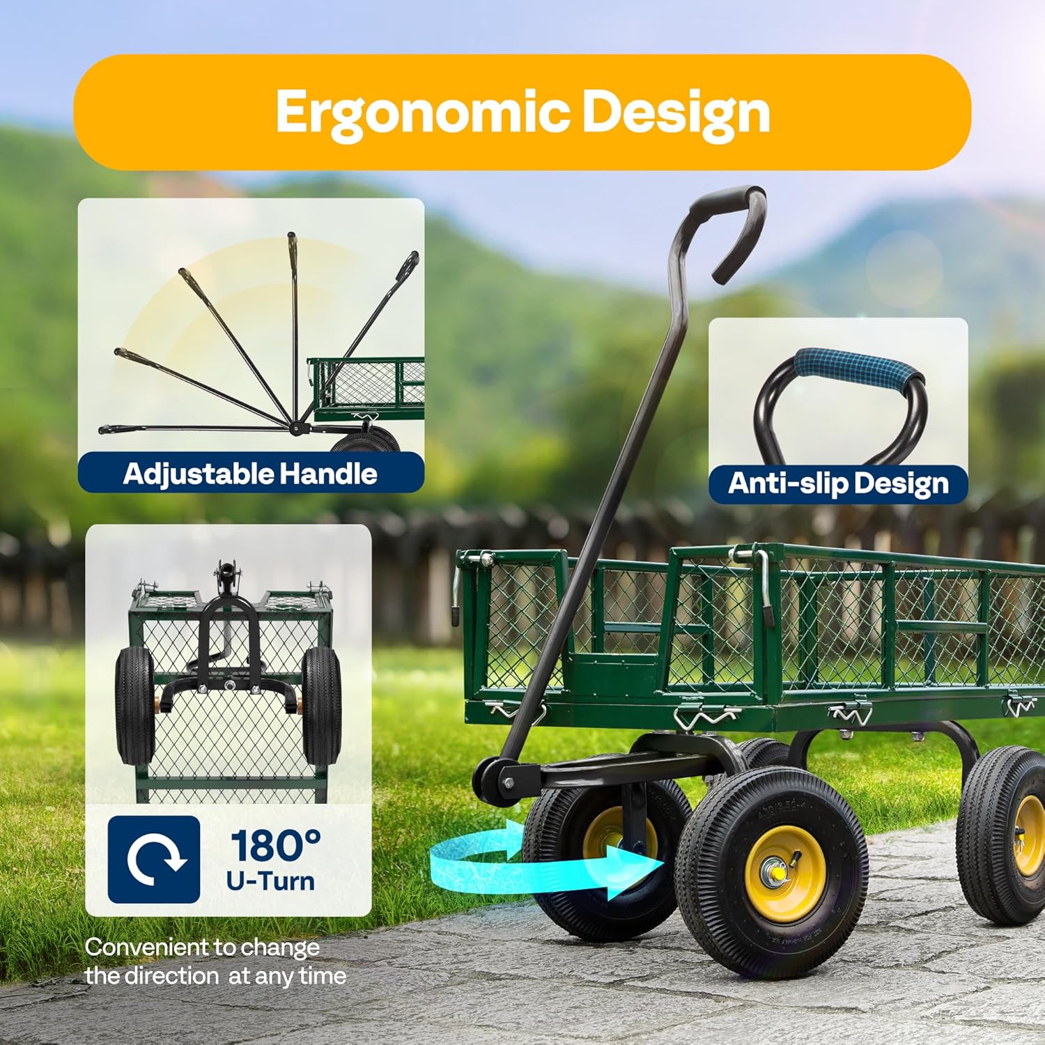 Carro de jardín con Laterales Desmontables, Carretilla de Mano hasta 400kg con Ruedas neumáticas de 4” Carro de Transporte con manija giratoria de 180° para jardín Camping Festival