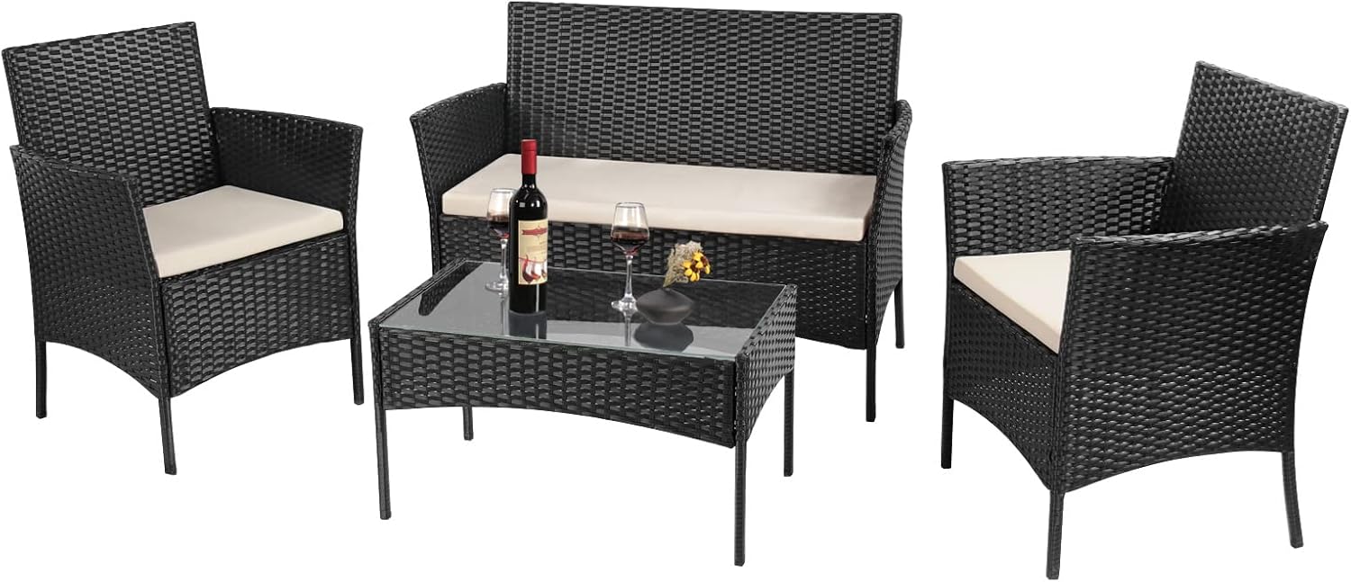bigzzia. Juego de Muebles de jardín de ratán, 4 Piezas, Muebles de Mimbre para Patio, 2 sillones, 1 sofá de Dos Lugares y 1 Mesa (Negro)