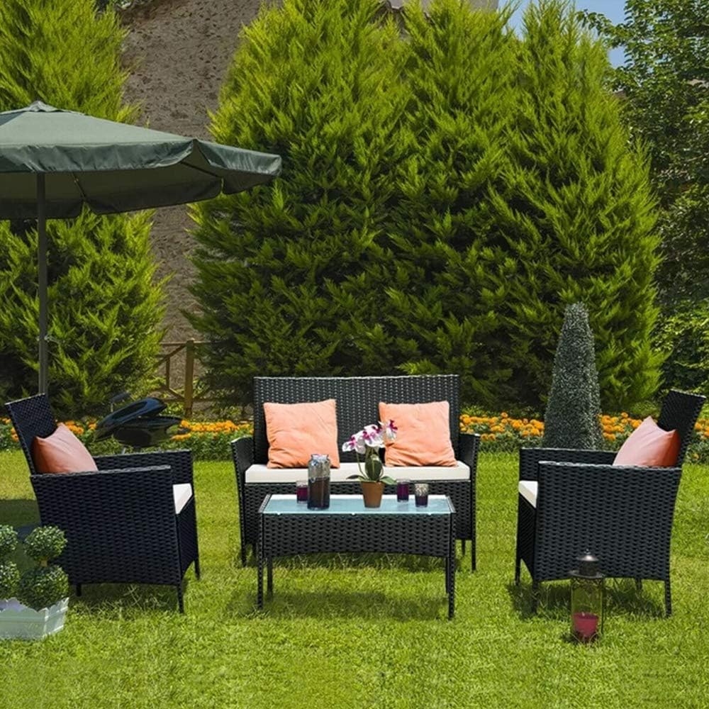 bigzzia. Juego de Muebles de jardín de ratán, 4 Piezas, Muebles de Mimbre para Patio, 2 sillones, 1 sofá de Dos Lugares y 1 Mesa (Negro)