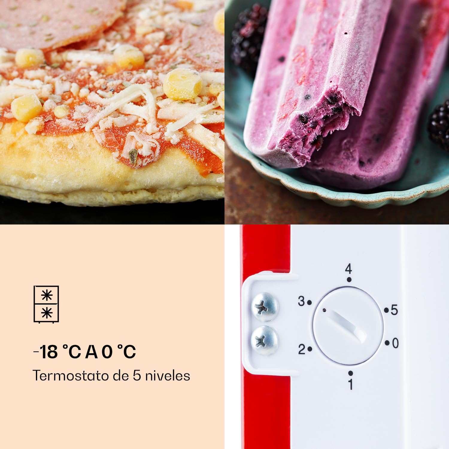 Klarstein Laika - Congelador, Termostato con 5 niveles, Temperaturas de 0 a -18 °C, 3 cajones extraíbles, CEE E, Capacidad de 60 L, Rojo