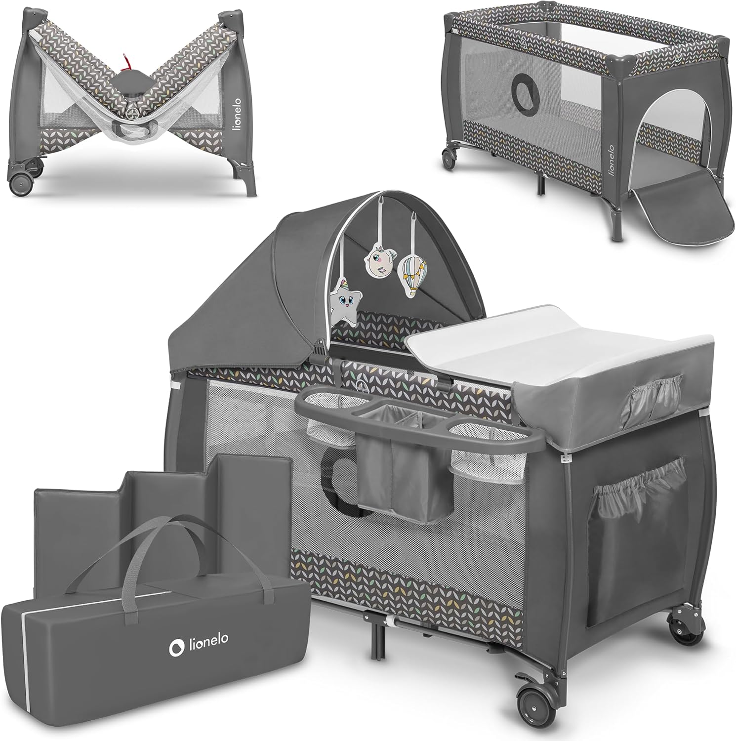 lionelo Sven Plus 2en1 Cuna de Viaje y Parque de bebés 0-36M para niños hasta 15 kg Función de Cambiador Mosquitero Apertura Lateral con Cremallera Ajuste de Altura Gris y Turquesa