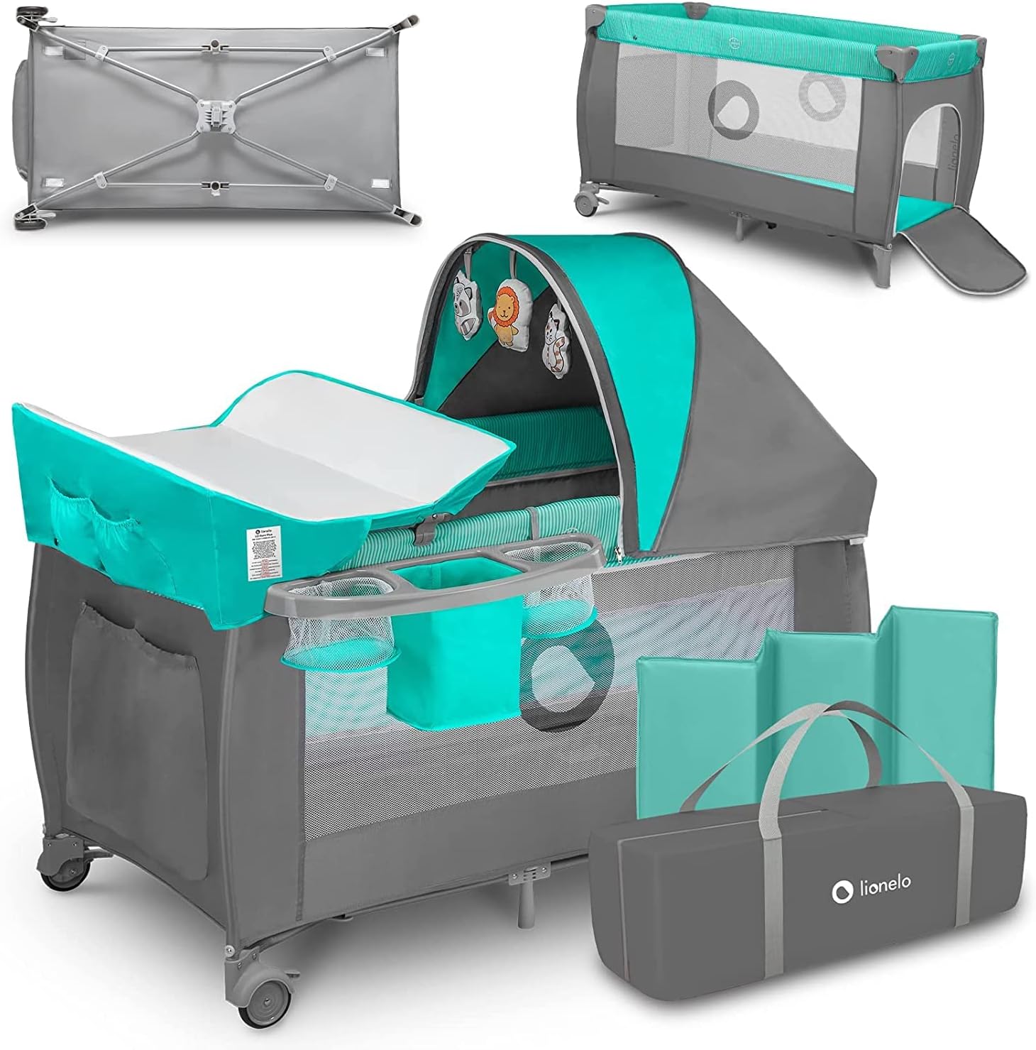 lionelo Sven Plus 2en1 Cuna de Viaje y Parque de bebés 0-36M para niños hasta 15 kg Función de Cambiador Mosquitero Apertura Lateral con Cremallera Ajuste de Altura Gris y Turquesa