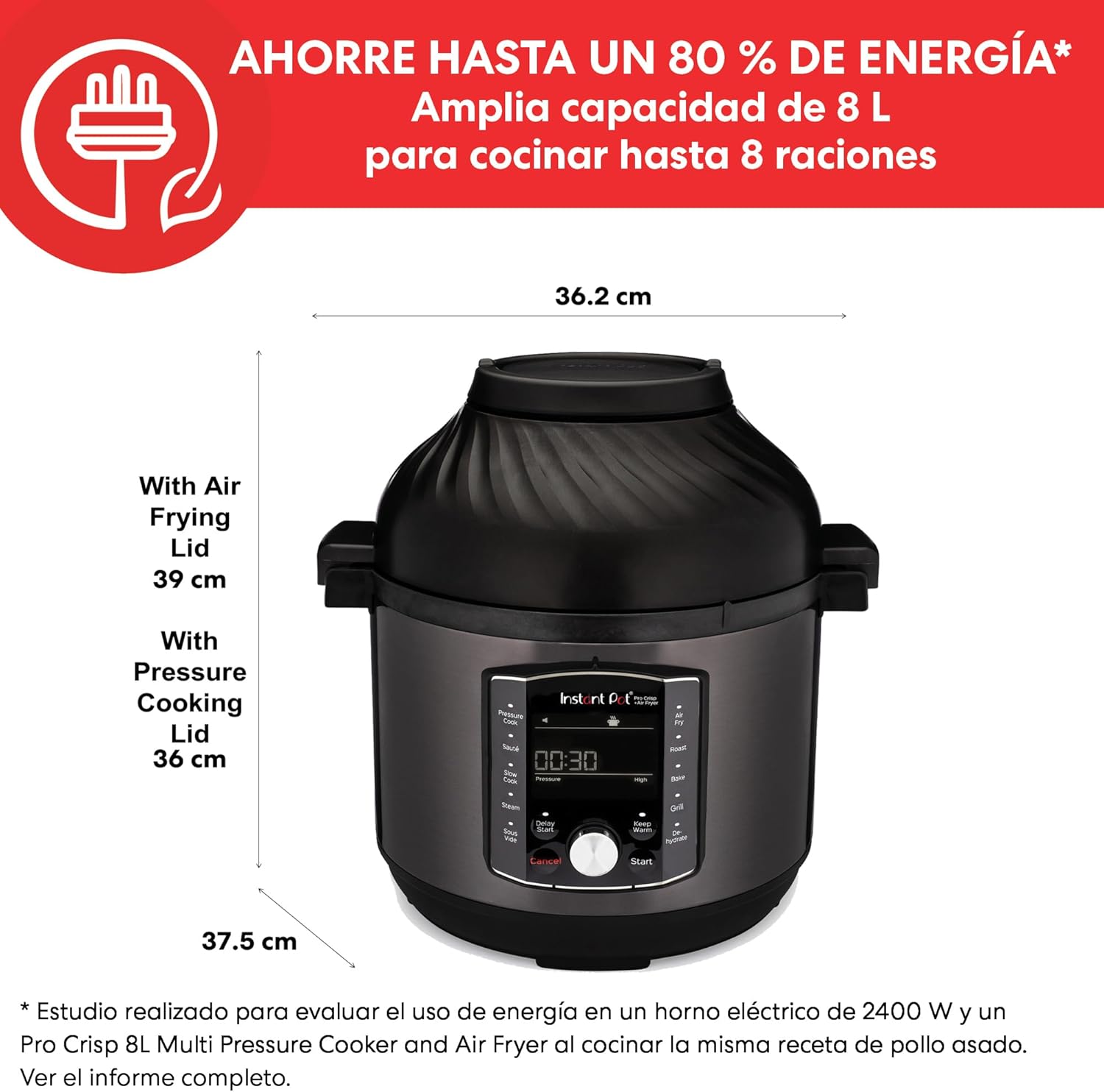 Instant Pot Pro Crisp 11 en 1 Olla Eléctrica a Presión Multiusos con Función de Freidora de Aire, Vaporera, Cocción Lenta, Parrilla, Sous Vide, Deshidratadora, 7,6 L, Acero inoxidable