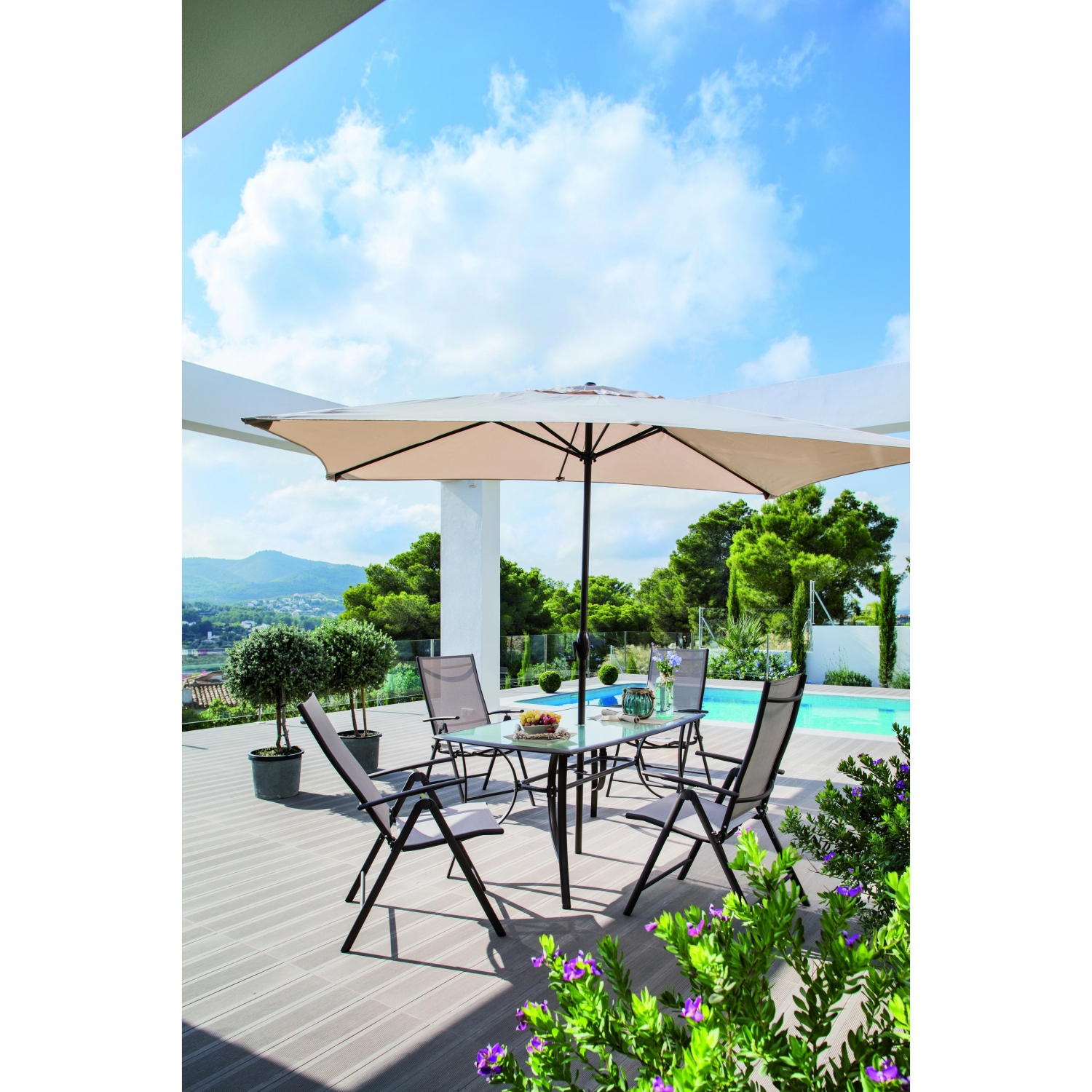 Conjunto de Jardín de Acero Mesa + 4 Sillones + 1 Parasol, Málaga