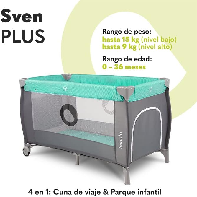 lionelo Sven Plus 2en1 Cuna de Viaje y Parque de bebés 0-36M para niños hasta 15 kg Función de Cambiador Mosquitero Apertura Lateral con Cremallera Ajuste de Altura Gris y Turquesa