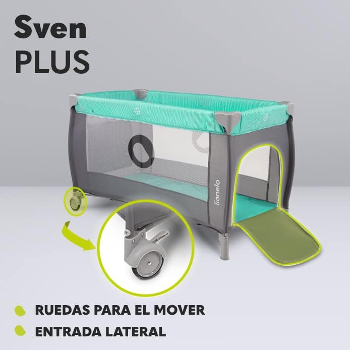 lionelo Sven Plus 2en1 Cuna de Viaje y Parque de bebés 0-36M para niños hasta 15 kg Función de Cambiador Mosquitero Apertura Lateral con Cremallera Ajuste de Altura Gris y Turquesa