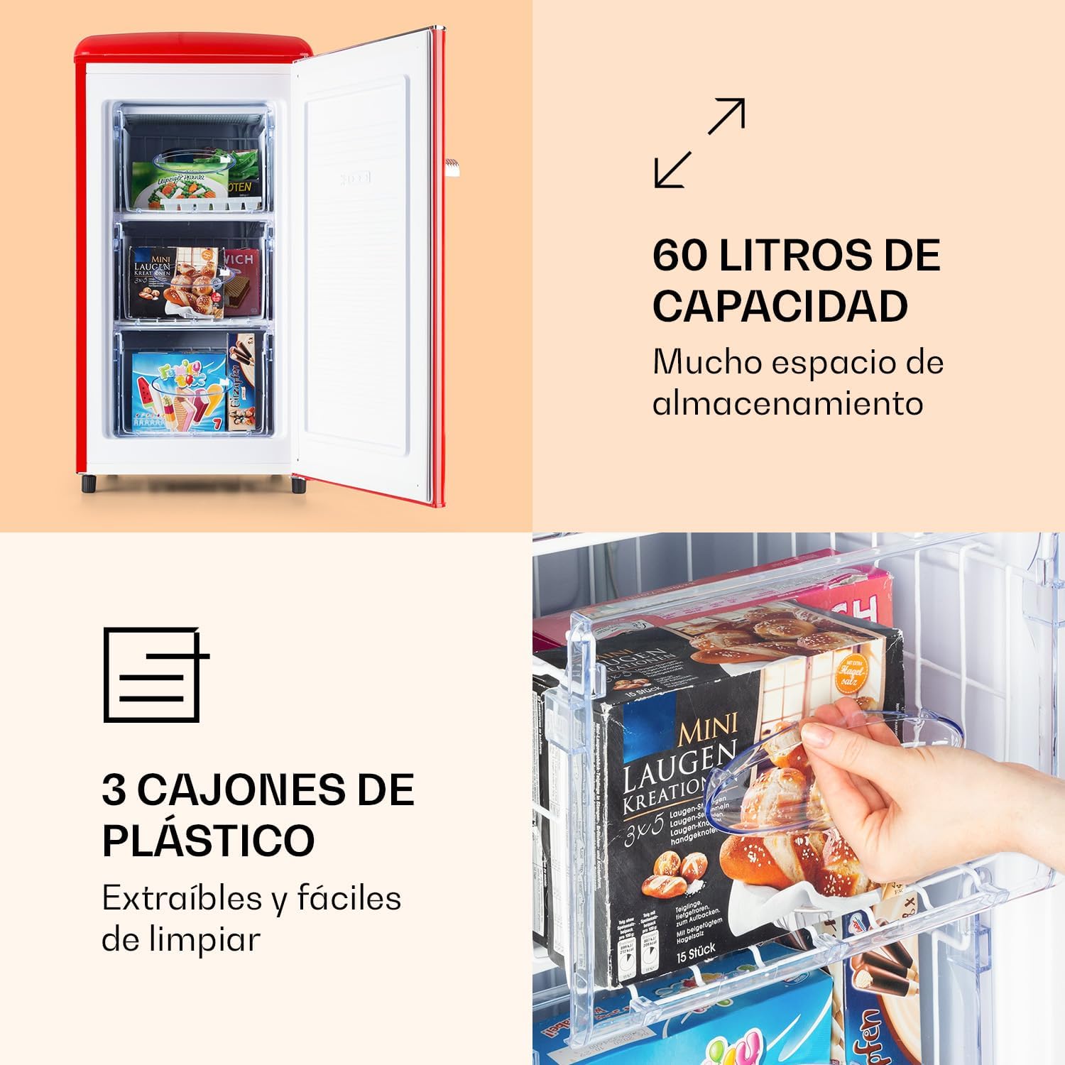Klarstein Laika - Congelador, Termostato con 5 niveles, Temperaturas de 0 a -18 °C, 3 cajones extraíbles, CEE E, Capacidad de 60 L, Rojo