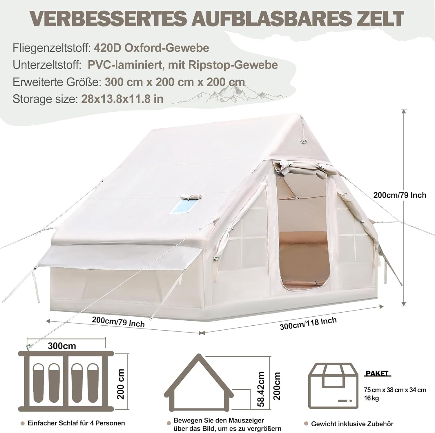 Tienda de campaña Inflable con Apertura de Chimenea y claraboya, Tienda de campaña para Exteriores para 4-8 Personas con Bomba de Aire, Tienda de campaña Inflable de Tela Oxford Impermeable para 4