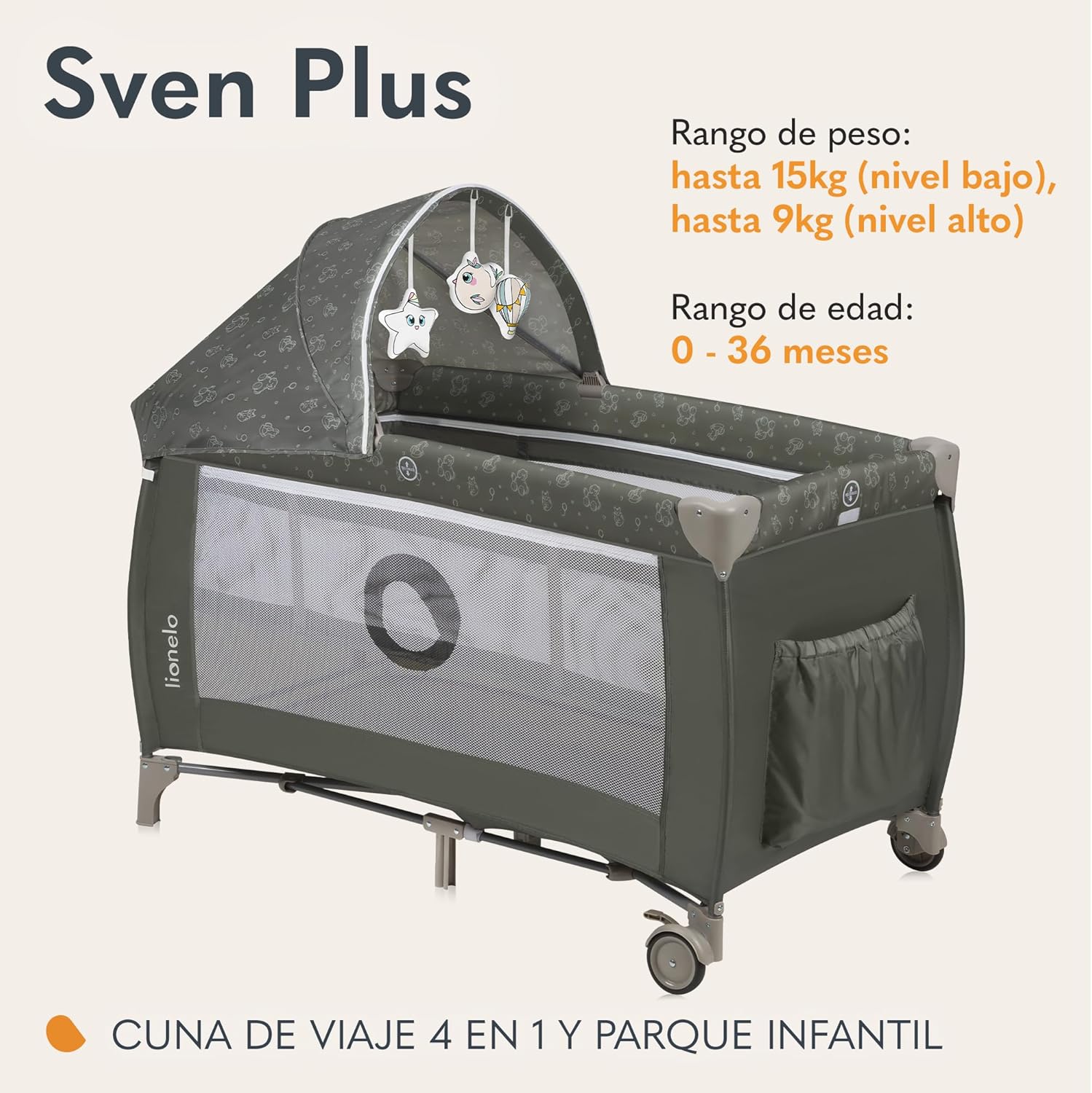 lionelo Sven Plus 2en1 Cuna de Viaje y Parque de bebés 0-36M para niños hasta 15 kg Función de Cambiador Mosquitero Apertura Lateral con Cremallera Ajuste de Altura Gris y Turquesa