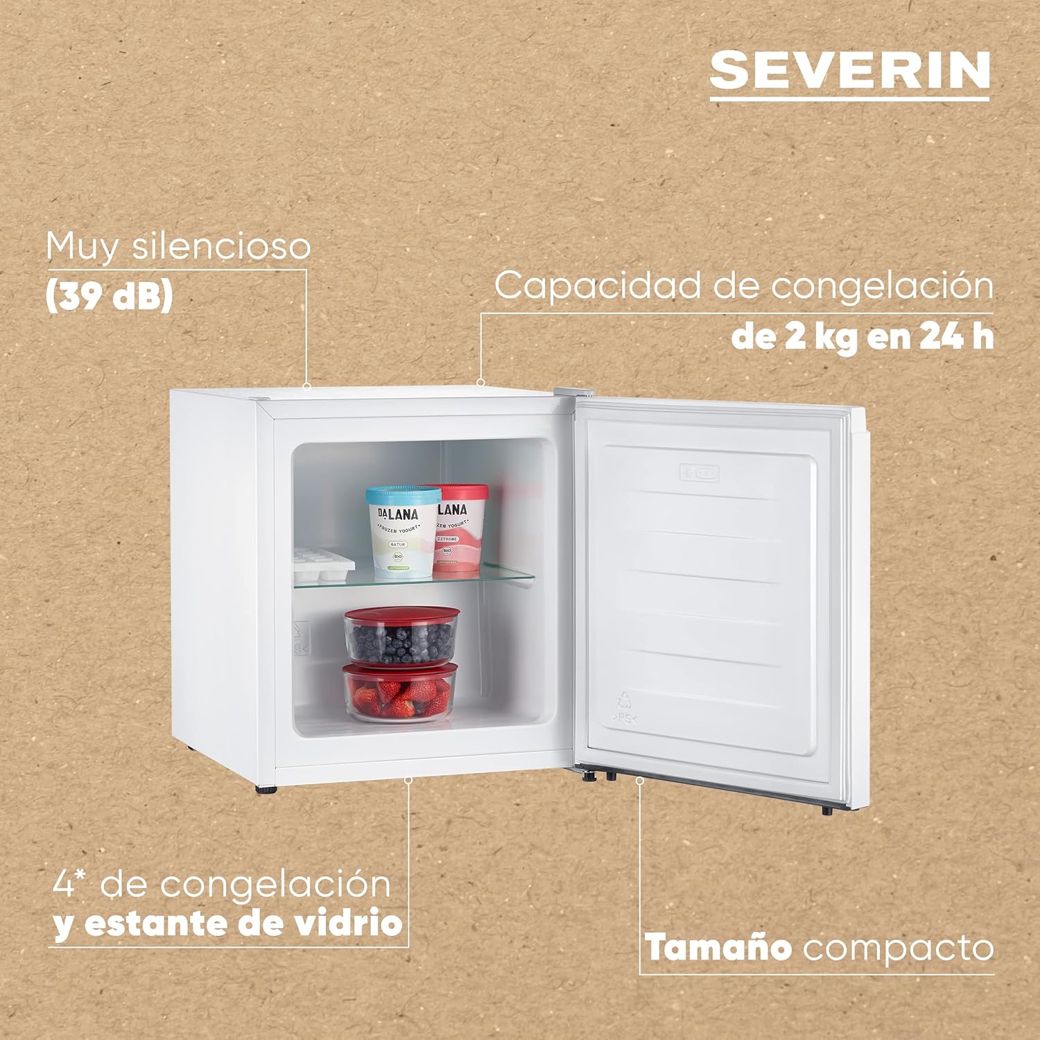 SEVERIN Mini congelador con 4 estrellas de congelación, congelador pequeño con estante de vidrio, congelador bajo para hogares con poco espacio, 31 litros, blanco, GB 8883
