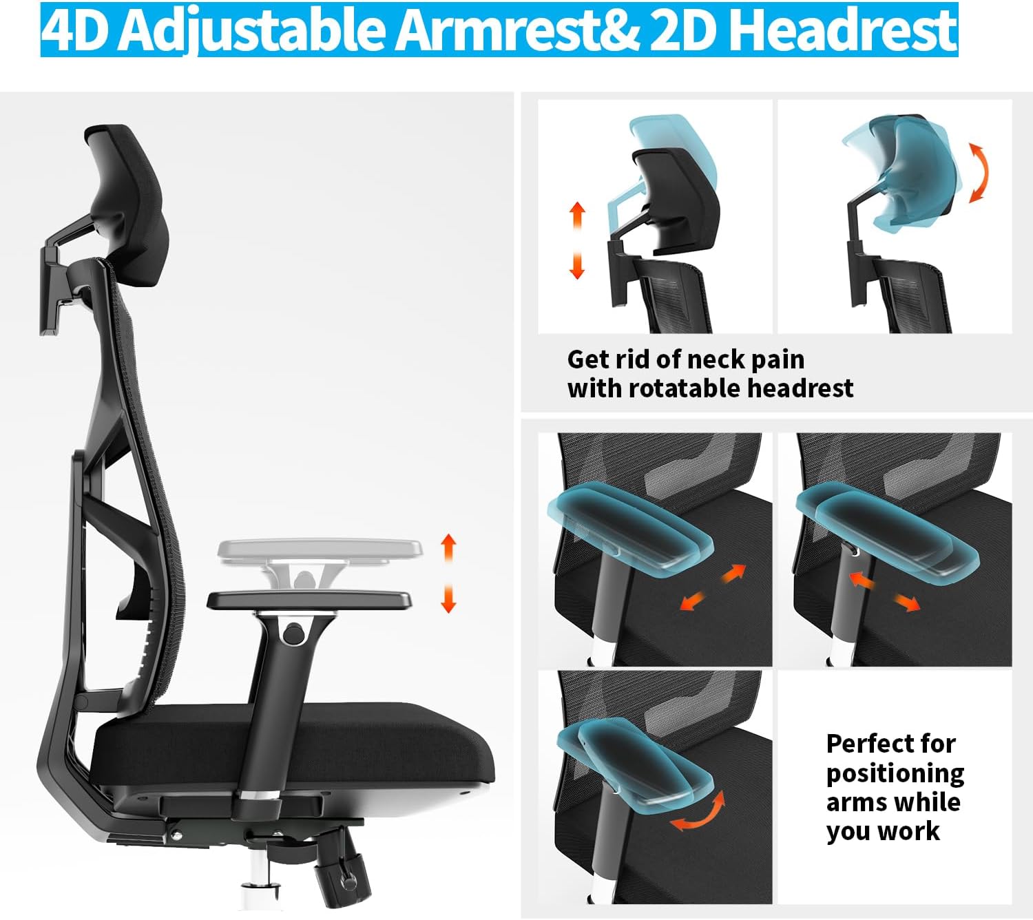 HOLLUDLE Silla de Oficina Ergonómica con Respaldo Adaptativo, Silla de Escritorio de Alto Respaldo con Reposabrazos 4D, Profundidad de Asiento Ajustable, Soporte Lumbar y Reposacabezas 2D, Negro