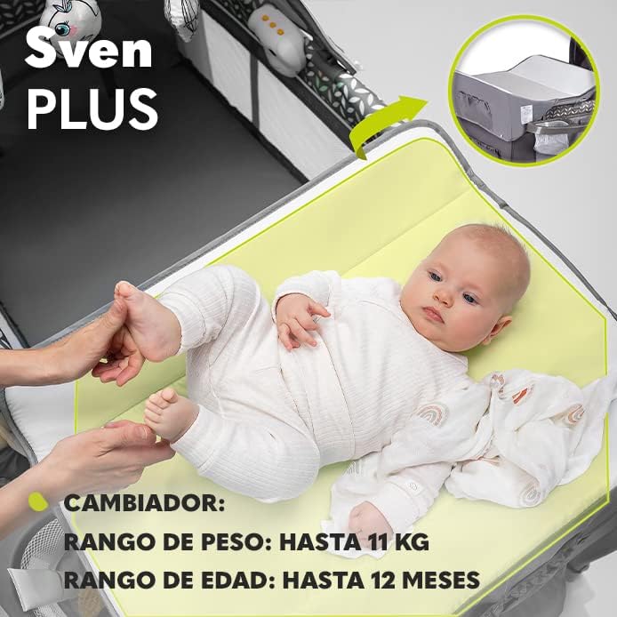lionelo Sven Plus 2en1 Cuna de Viaje y Parque de bebés 0-36M para niños hasta 15 kg Función de Cambiador Mosquitero Apertura Lateral con Cremallera Ajuste de Altura Gris y Turquesa
