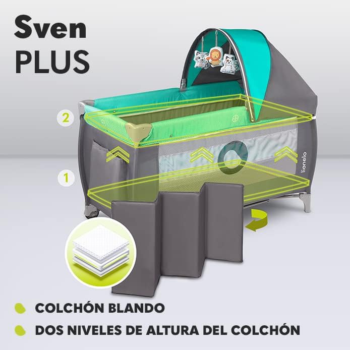 lionelo Sven Plus 2en1 Cuna de Viaje y Parque de bebés 0-36M para niños hasta 15 kg Función de Cambiador Mosquitero Apertura Lateral con Cremallera Ajuste de Altura Gris y Turquesa