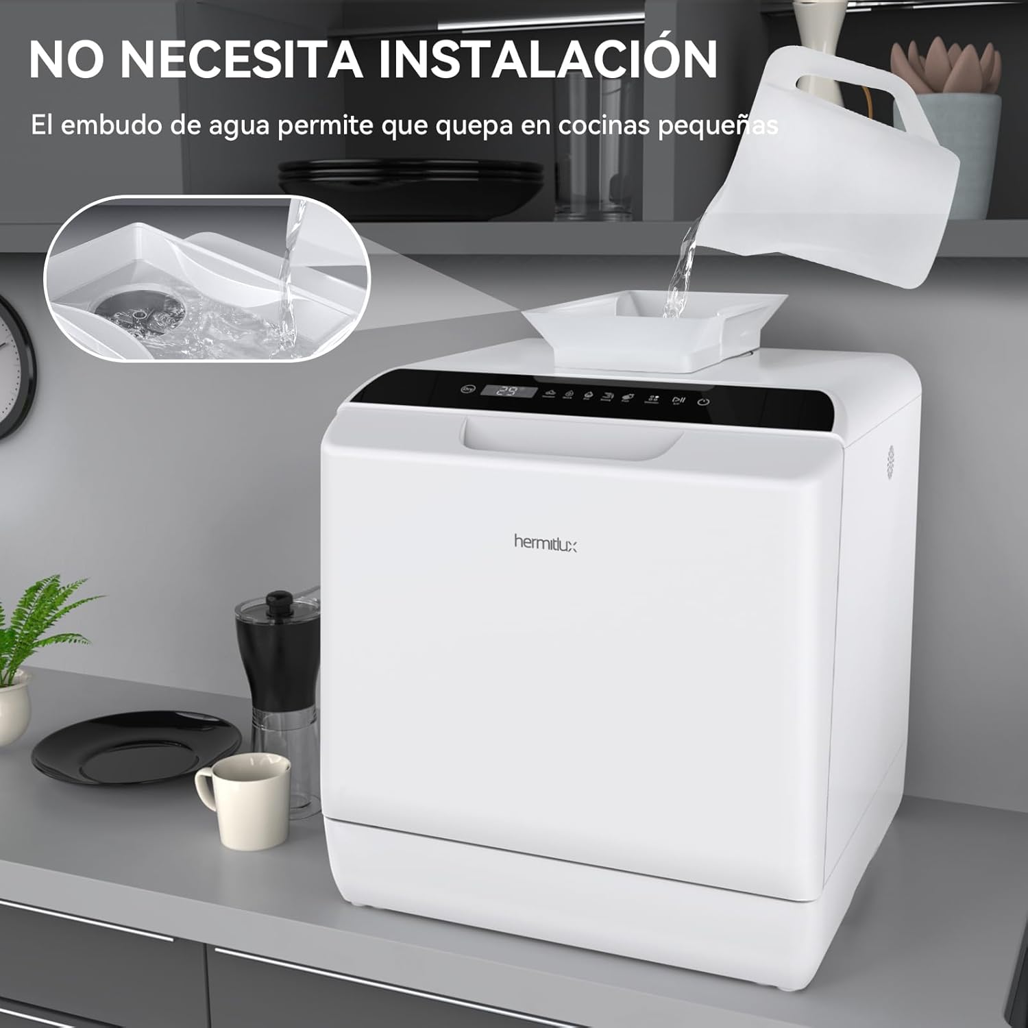 Mini lavavajillas compacto, para usar con o sin grifo, 43 cm de ancho, para 4 juegos, apto para camping, portatil, 175 kWh/año, Libre instalación, blanco