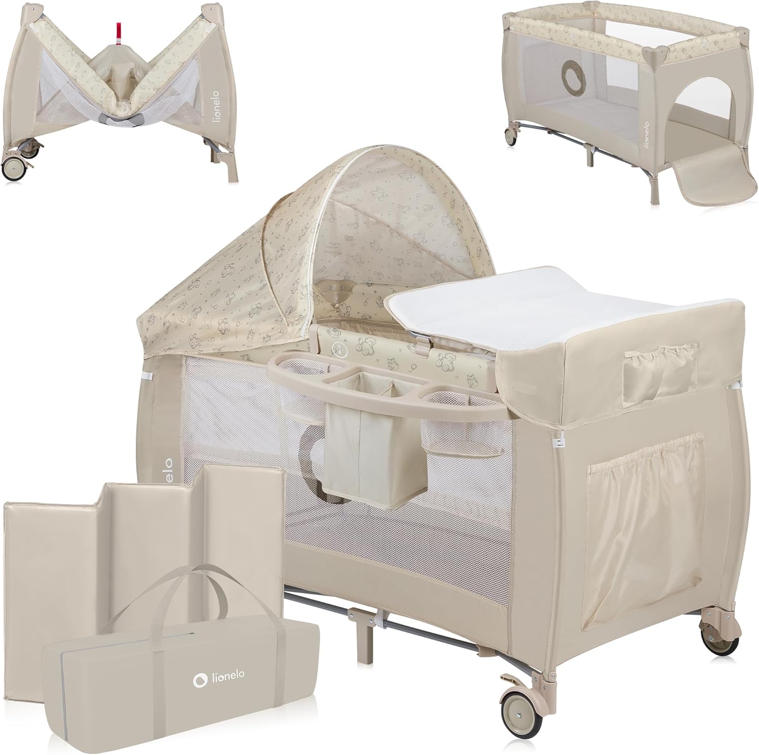 lionelo Sven Plus 2en1 Cuna de Viaje y Parque de bebés 0-36M para niños hasta 15 kg Función de Cambiador Mosquitero Apertura Lateral con Cremallera Ajuste de Altura Gris y Turquesa
