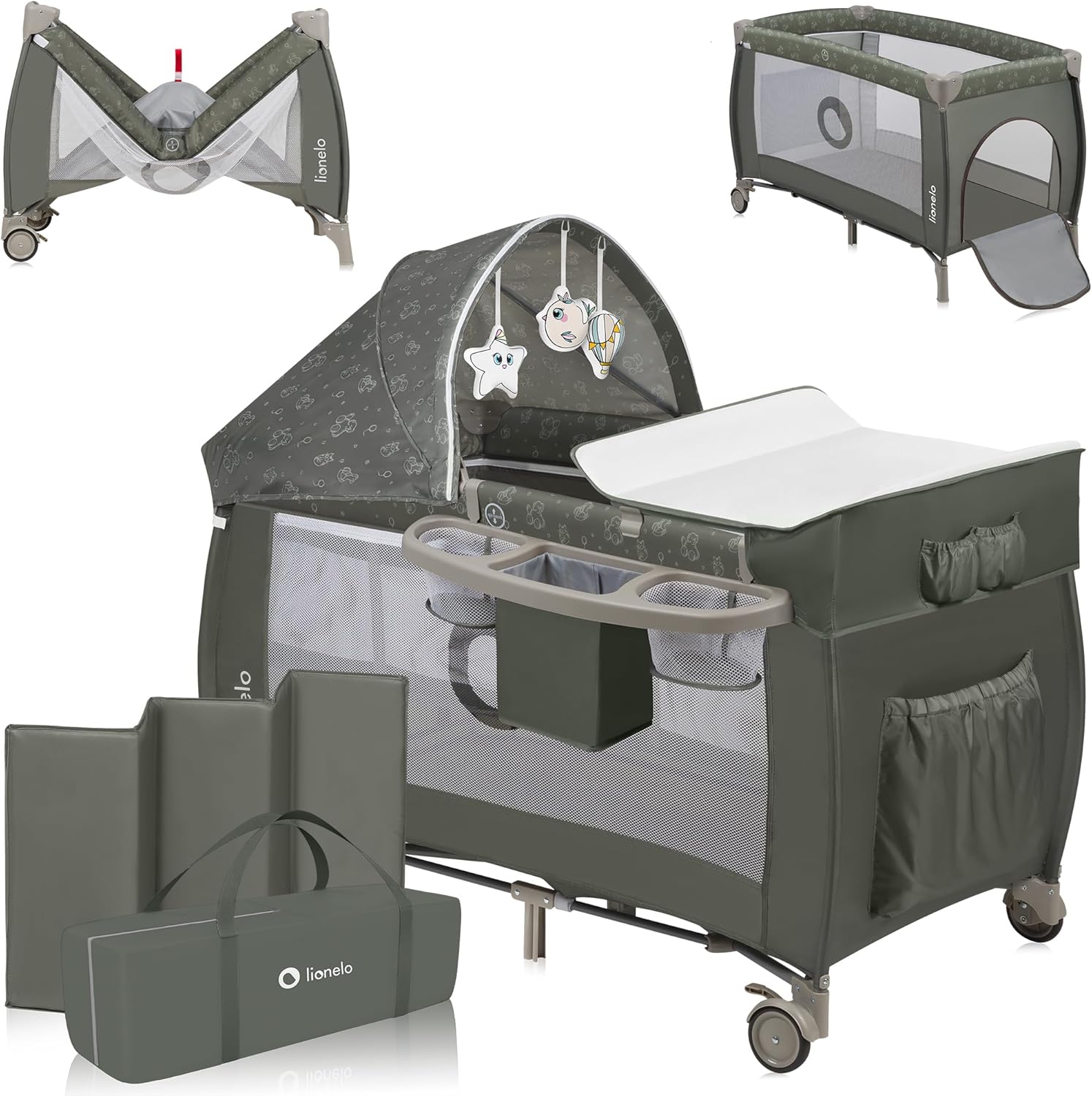 lionelo Sven Plus 2en1 Cuna de Viaje y Parque de bebés 0-36M para niños hasta 15 kg Función de Cambiador Mosquitero Apertura Lateral con Cremallera Ajuste de Altura Gris y Turquesa