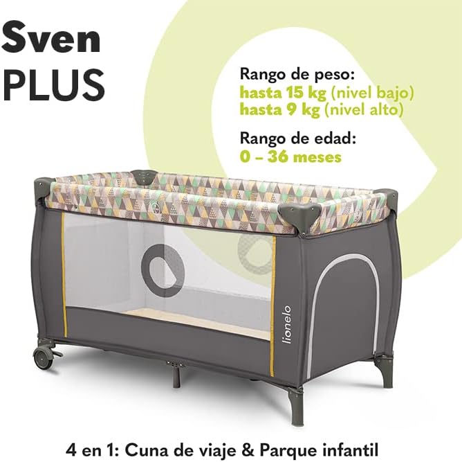 lionelo Sven Plus 2en1 Cuna de Viaje y Parque de bebés 0-36M para niños hasta 15 kg Función de Cambiador Mosquitero Apertura Lateral con Cremallera Ajuste de Altura Gris y Turquesa