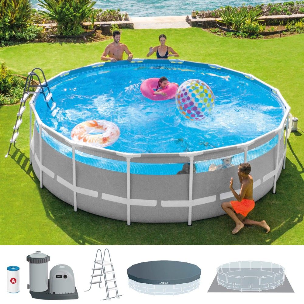 Piscina Desmontable Tubular Circular Pvc Ø488x122 Cm Gris Intex Con Depuradora