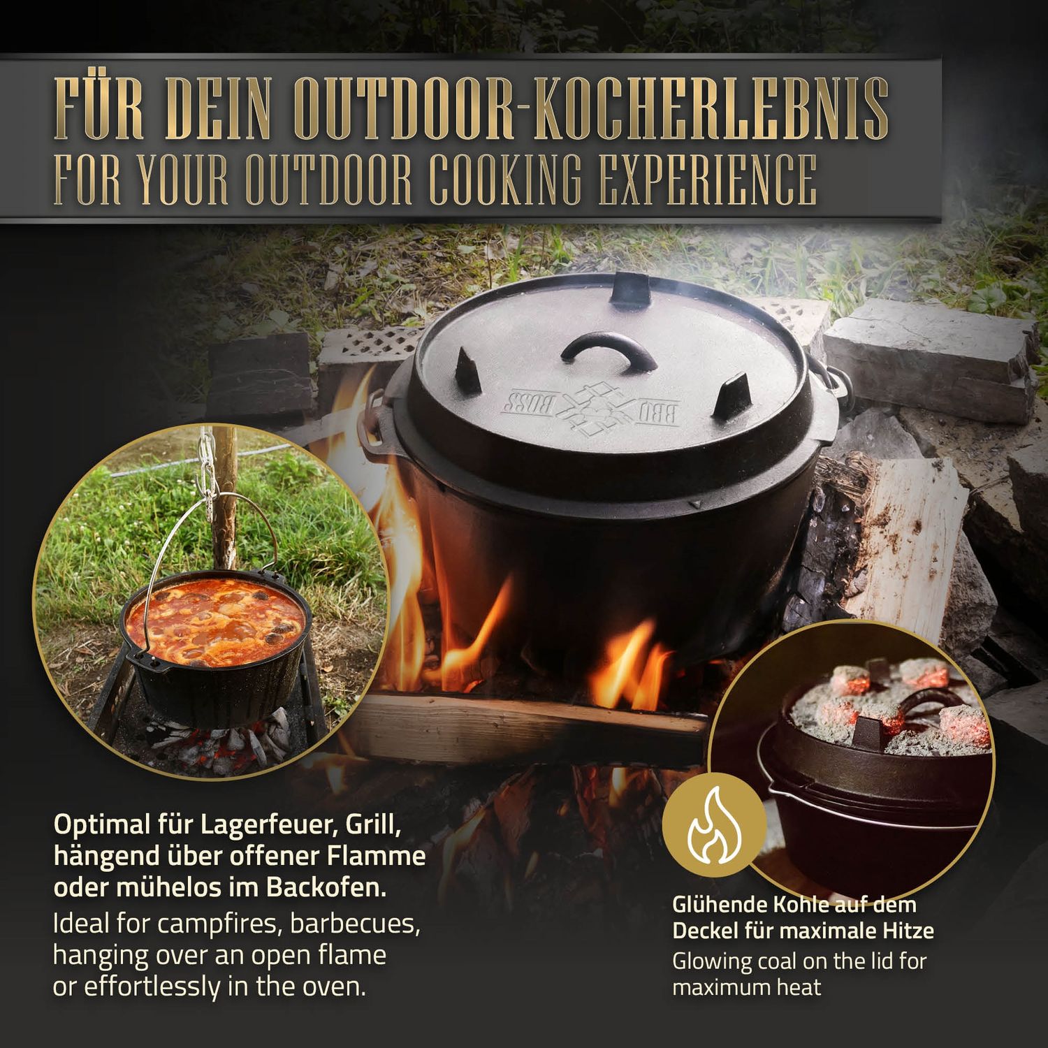 Dutch Oven Set Bbq 13.6l Negro Con Elevador De Tapa Y Trébede Bbq#boss
