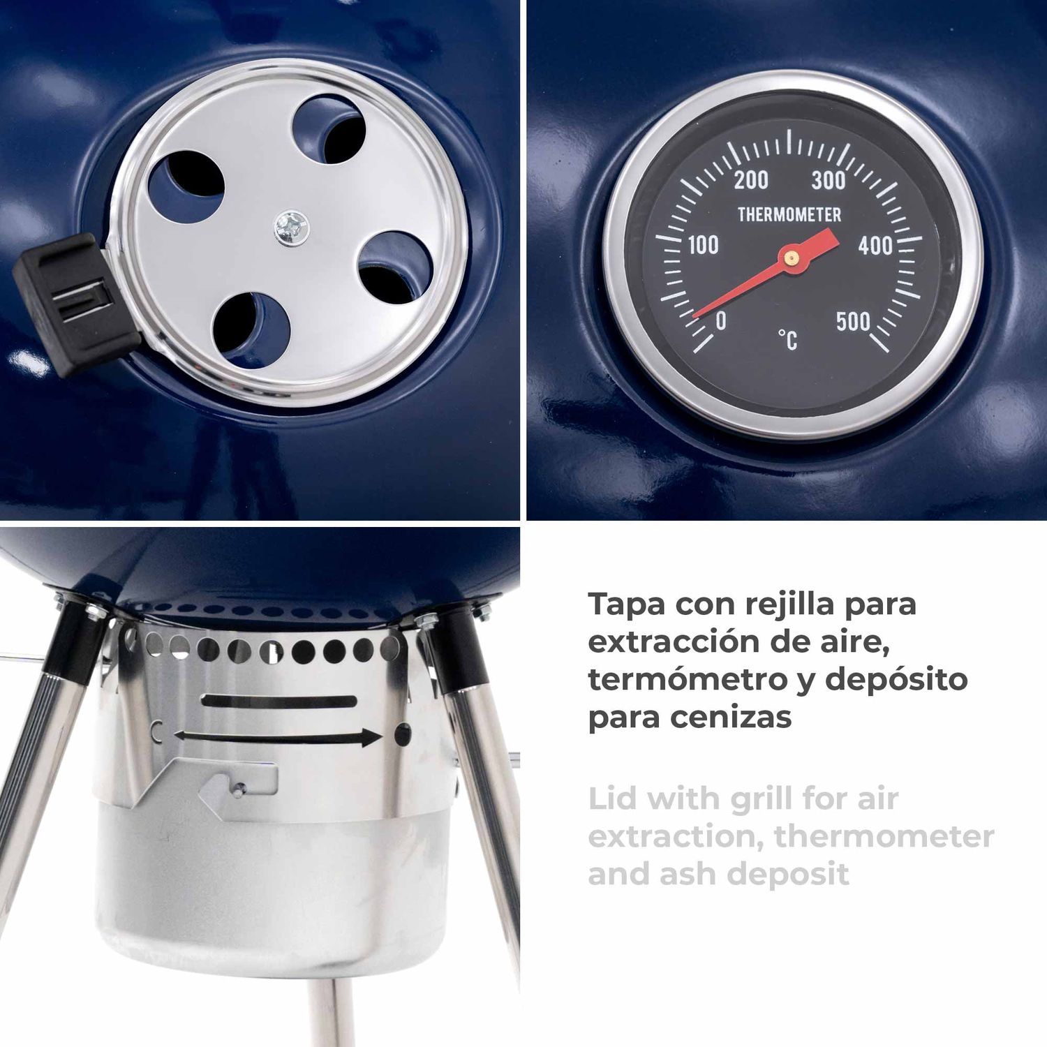 Barbacoa De Carbón Portátil Con Ruedas Kekai Yellowstone 58x47x100 Cm Redonda Con Tapa Y Encendedor Esmaltado En Azul