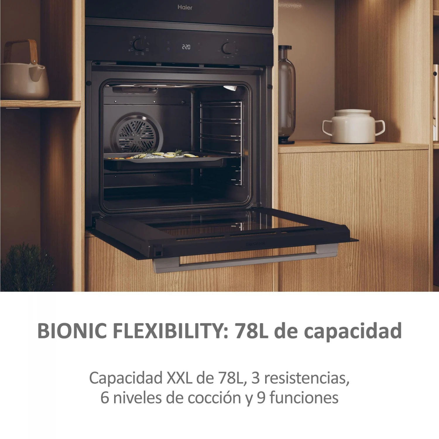 Horno Multifunción Haier  H6 ID2P3T1HTX, 3.3 kW, 78 L, Apertura Abatible, 6 Funciones de Cocción, Eficiencia A+ - Negro