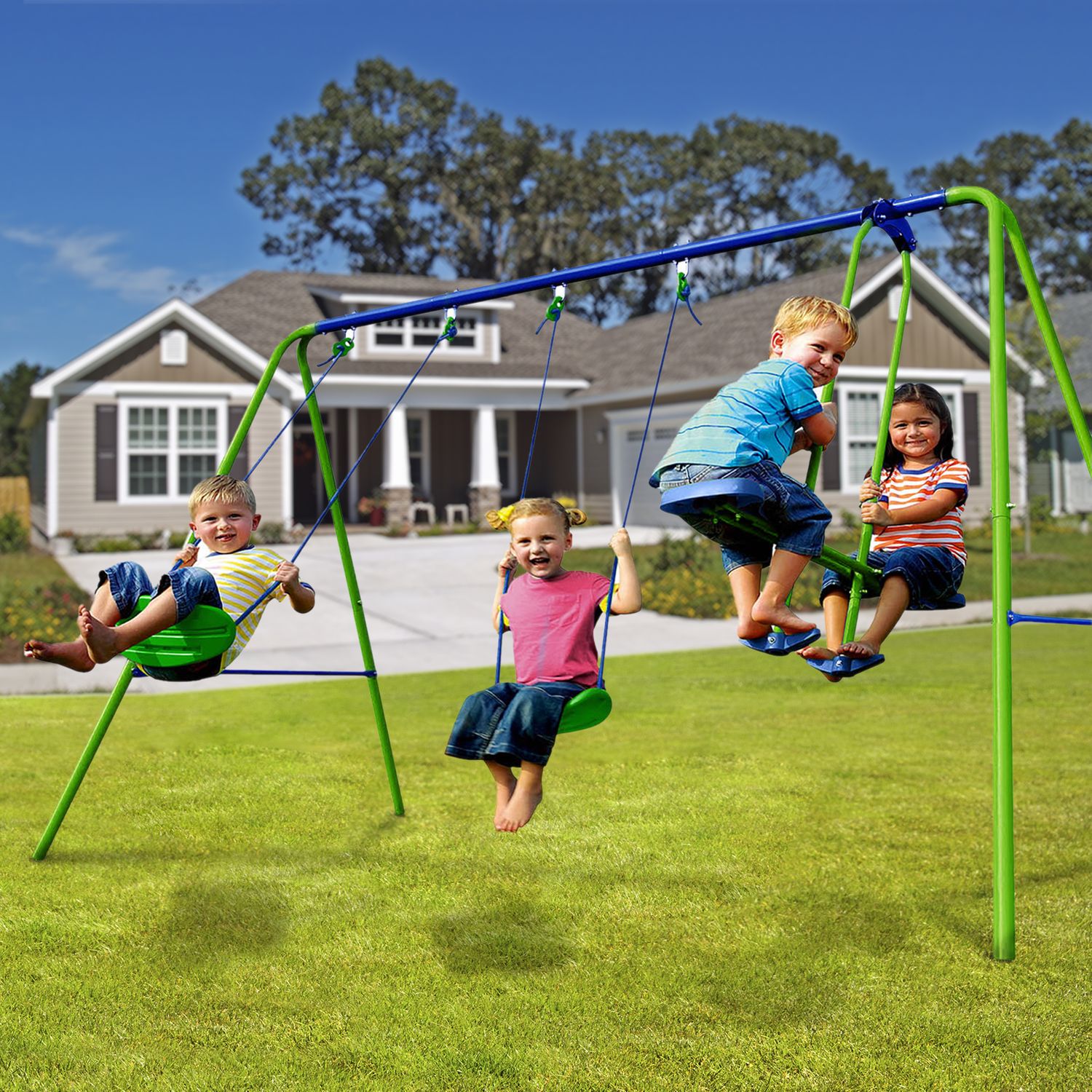 Columpio Doble Balancín Infantil Para Jardín + 3 Años Juego Para Niños De Metal Outdoor Toys 280x140x180 Cm Carga 45 Kg