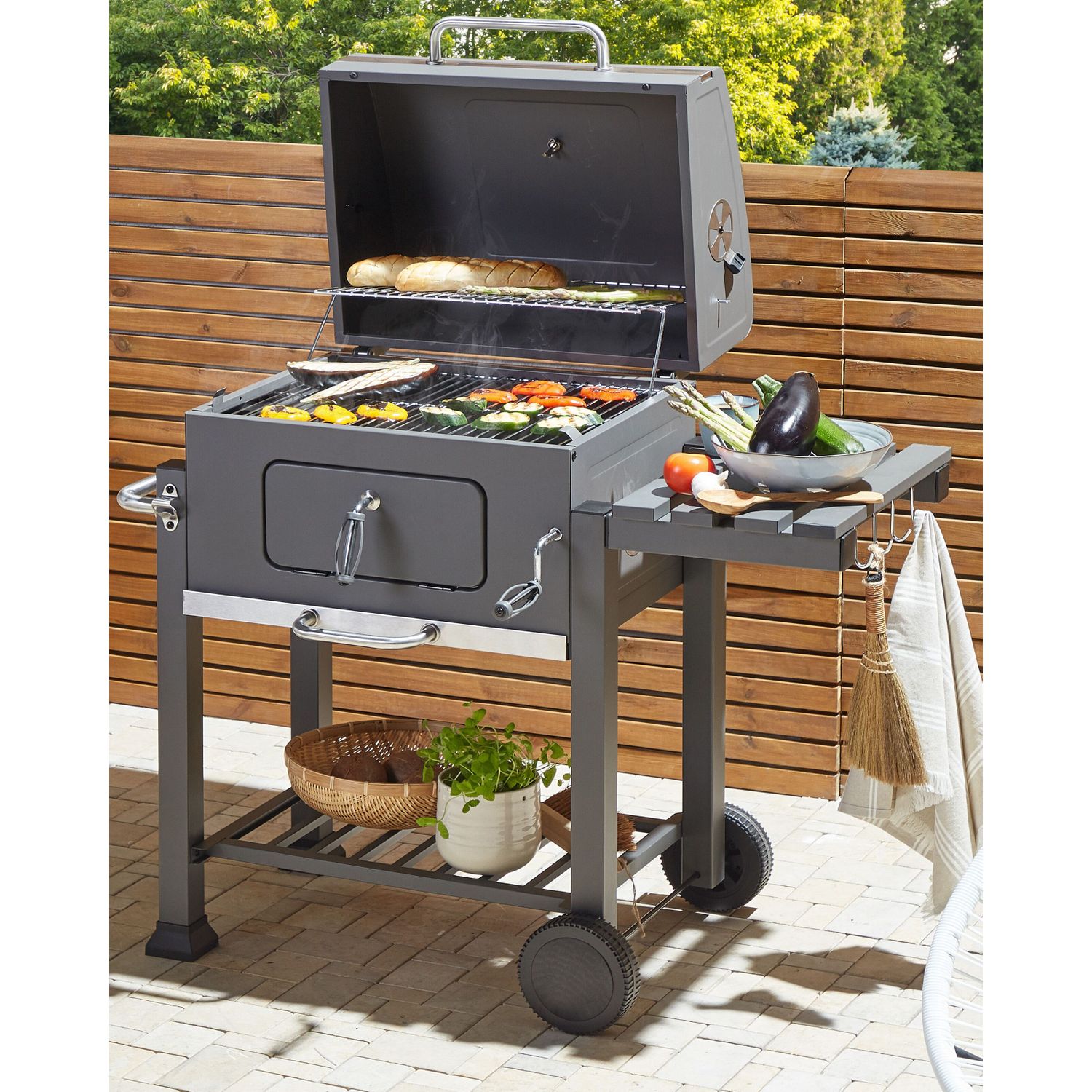 Barbacoa De Carbón Parrilla De Acero Gris Con Tapa Rejilla Ruedas 2 Estantes Termómetro Cenicero Extraíble Jardín Pavlof - Gris