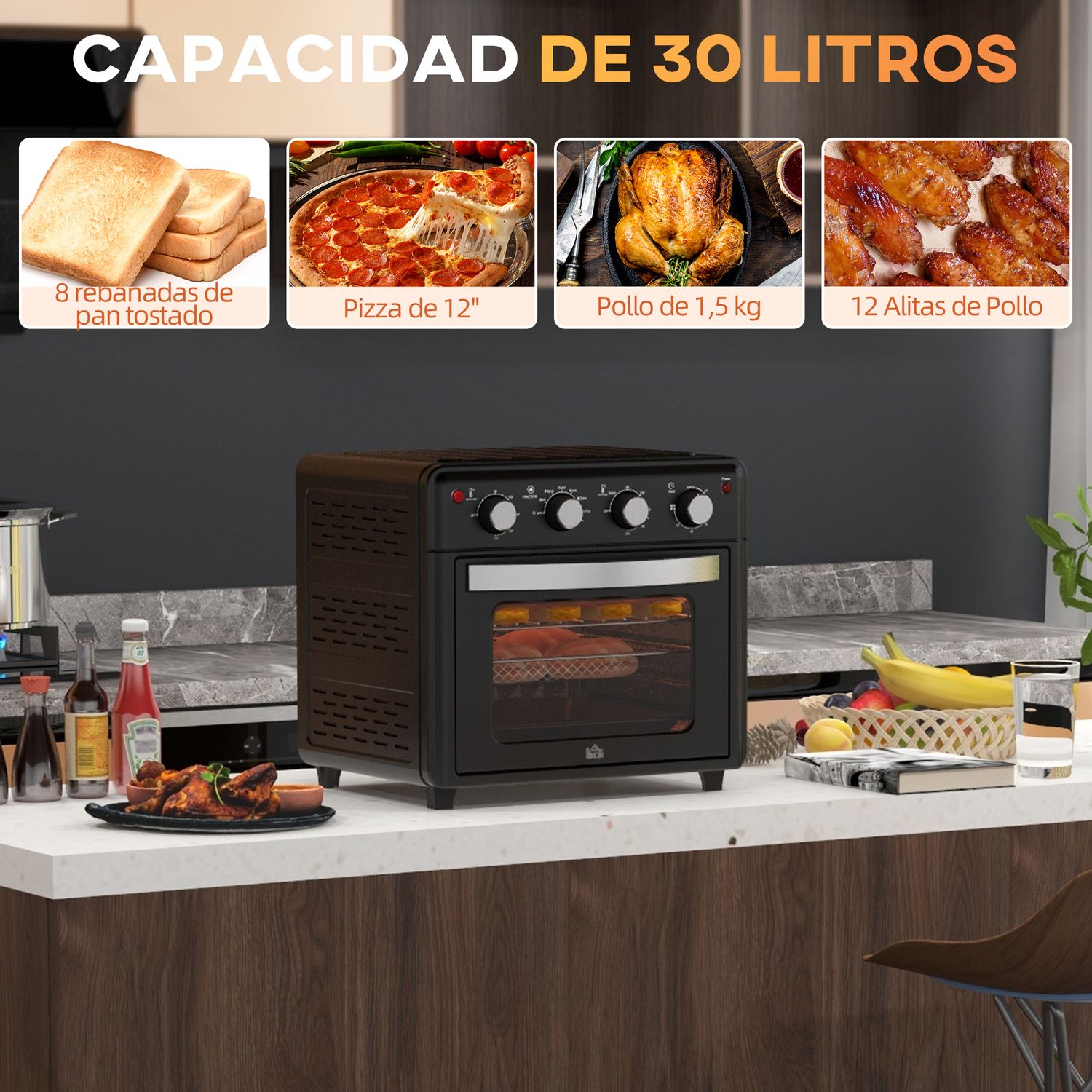 Horno Eléctrico De Sobremesa De 30l 1600w Con 7 Modos De Calor Homcom