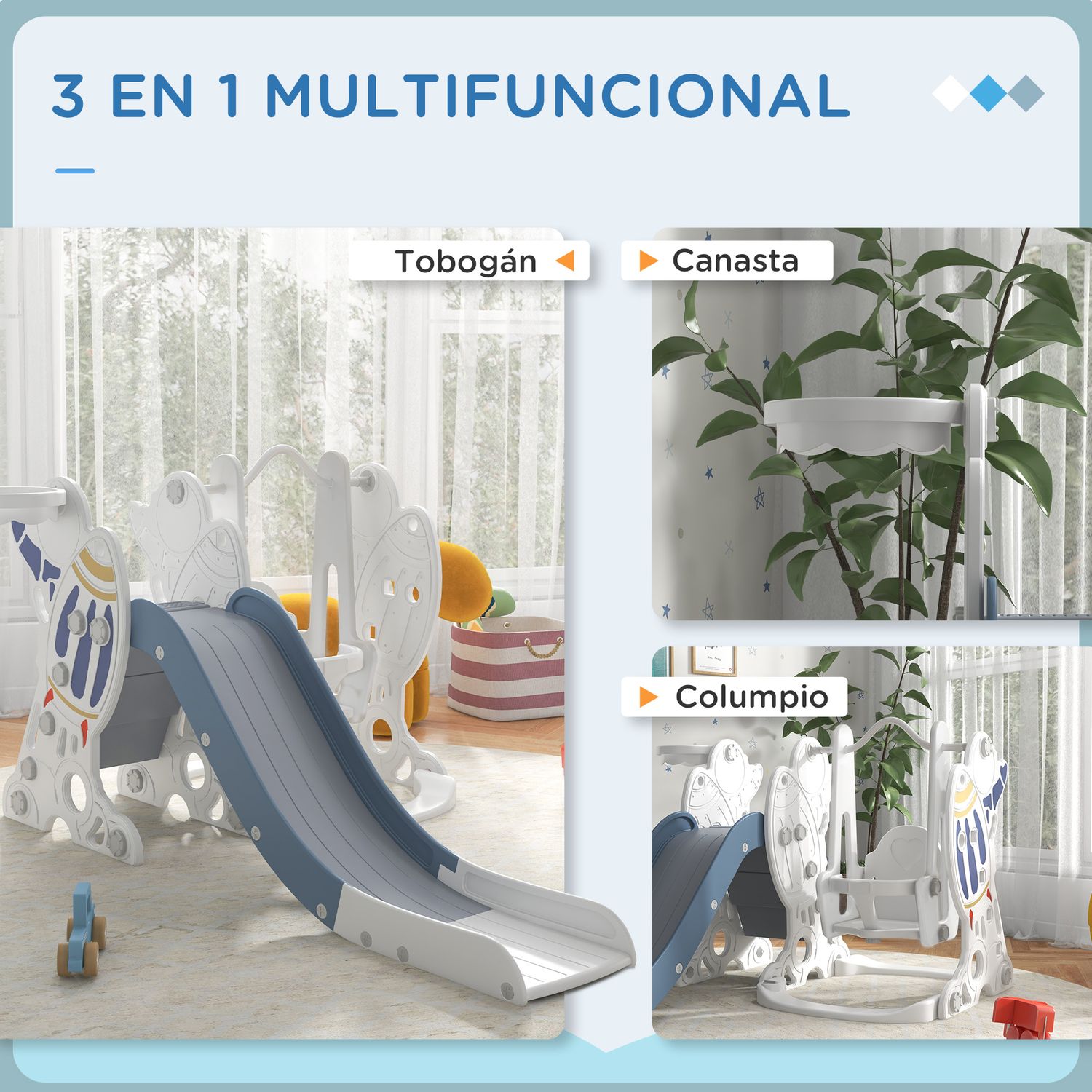 Juego De Tobogán Y Columpio Para Niños 3 En 1 Blanco Y Azul Aiyaplay