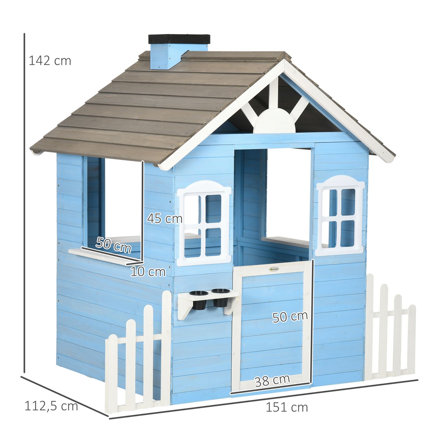 Casita Infantil De Madera Con Puerta Ventanas Macetas Azul Outsunny