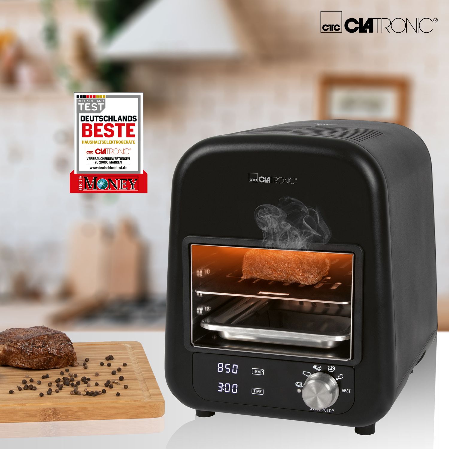 Barbacoa Grill Eléctrica Infrarrojos, Parrilla Cerámica, 5 Programas Cocinado, 850ºc,  Interior Negro 1600w Clatronic Ebg 3760