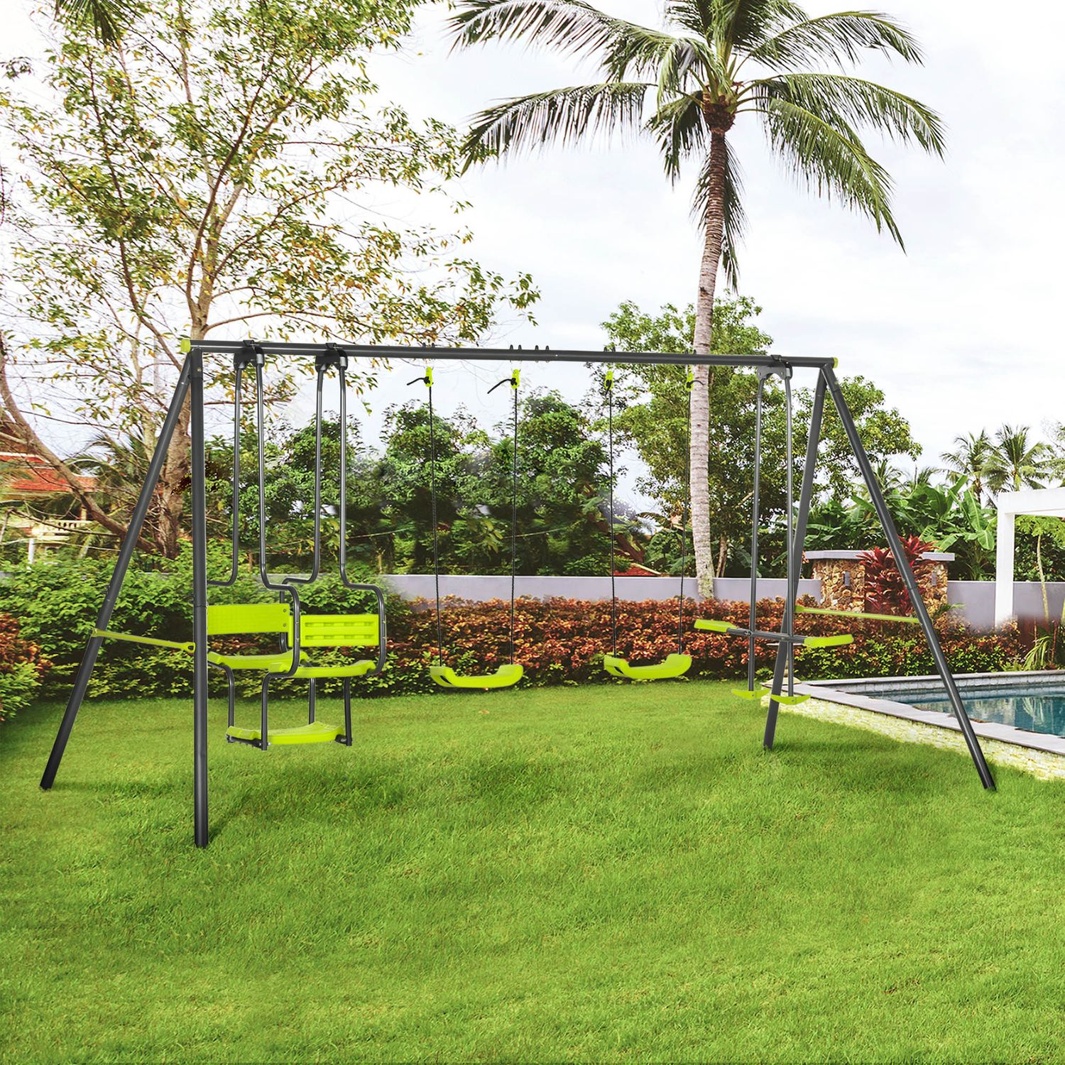 Juego De Columpio Infantil Outsunny Acero Pe 355x184x186 Cm Verde