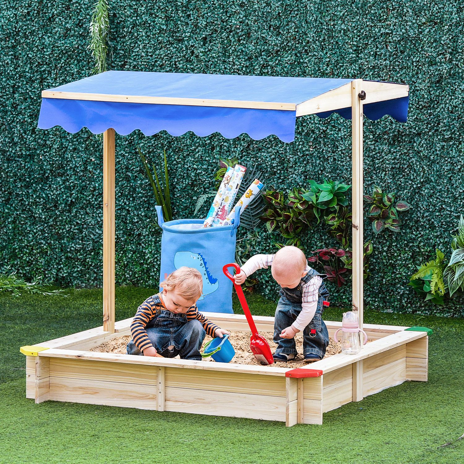 Arenero Para Niños Con Techo Ajustable Banco Madera Natural Outsunny