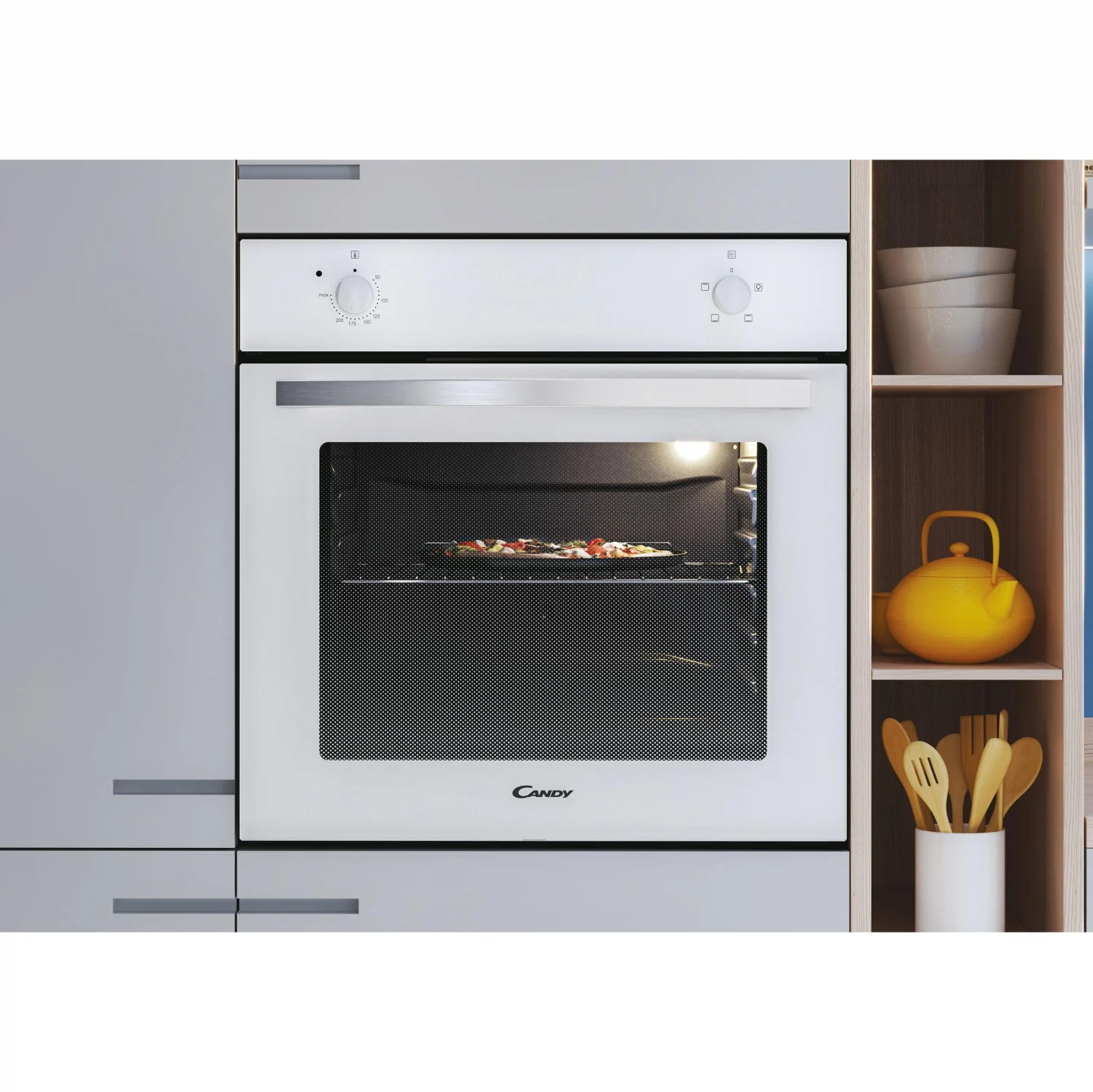 Horno Convencional Candy FIDC B100, 2100 W, 70 L, Apertura Abatible, 3 Funciones de Cocción, Eficiencia A - Blanco