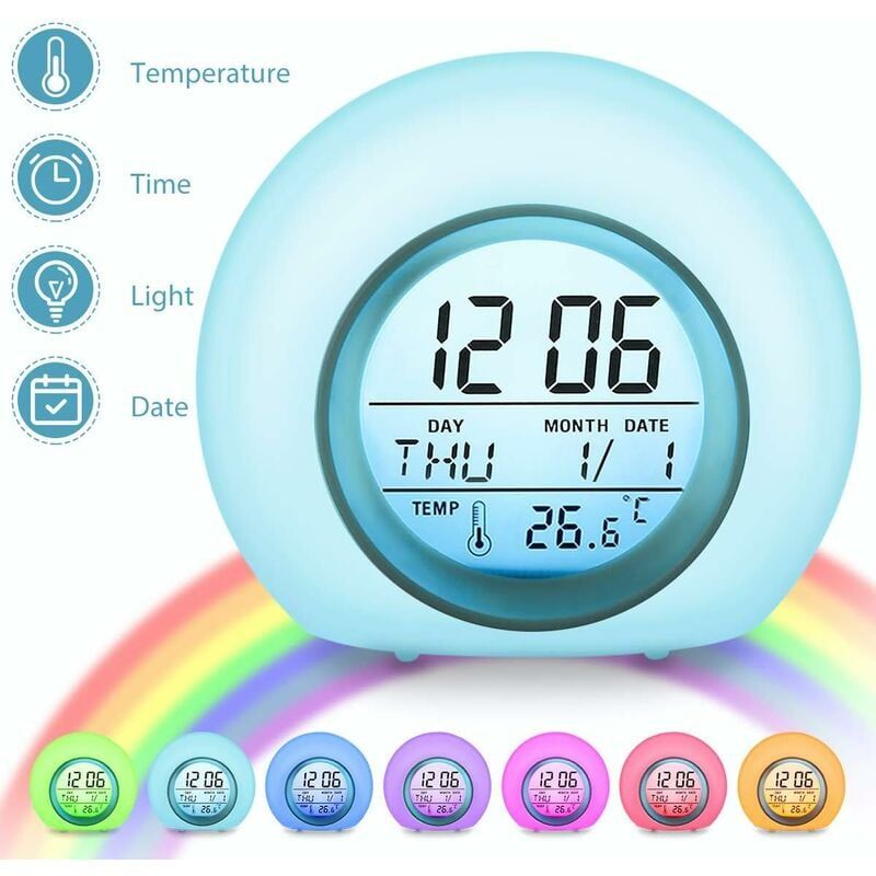 Despertador Digital Infantil 7 Colores Lámpara Despertador Infantil Con Calendario Y Termómetro, Despertador Redondo Creativo Con Luz Nocturna Led Luz Para Niños Bebé (color)