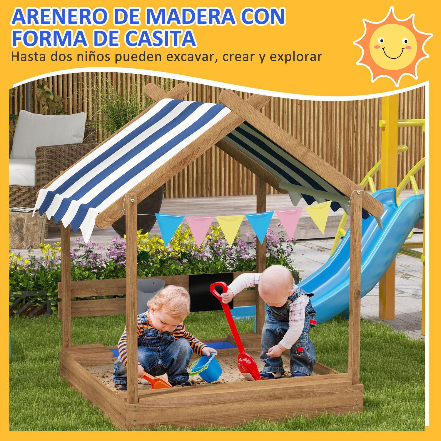 Arenero Para Niños Con Toldo 6 Banderines 124x116x146 Cm Marrón