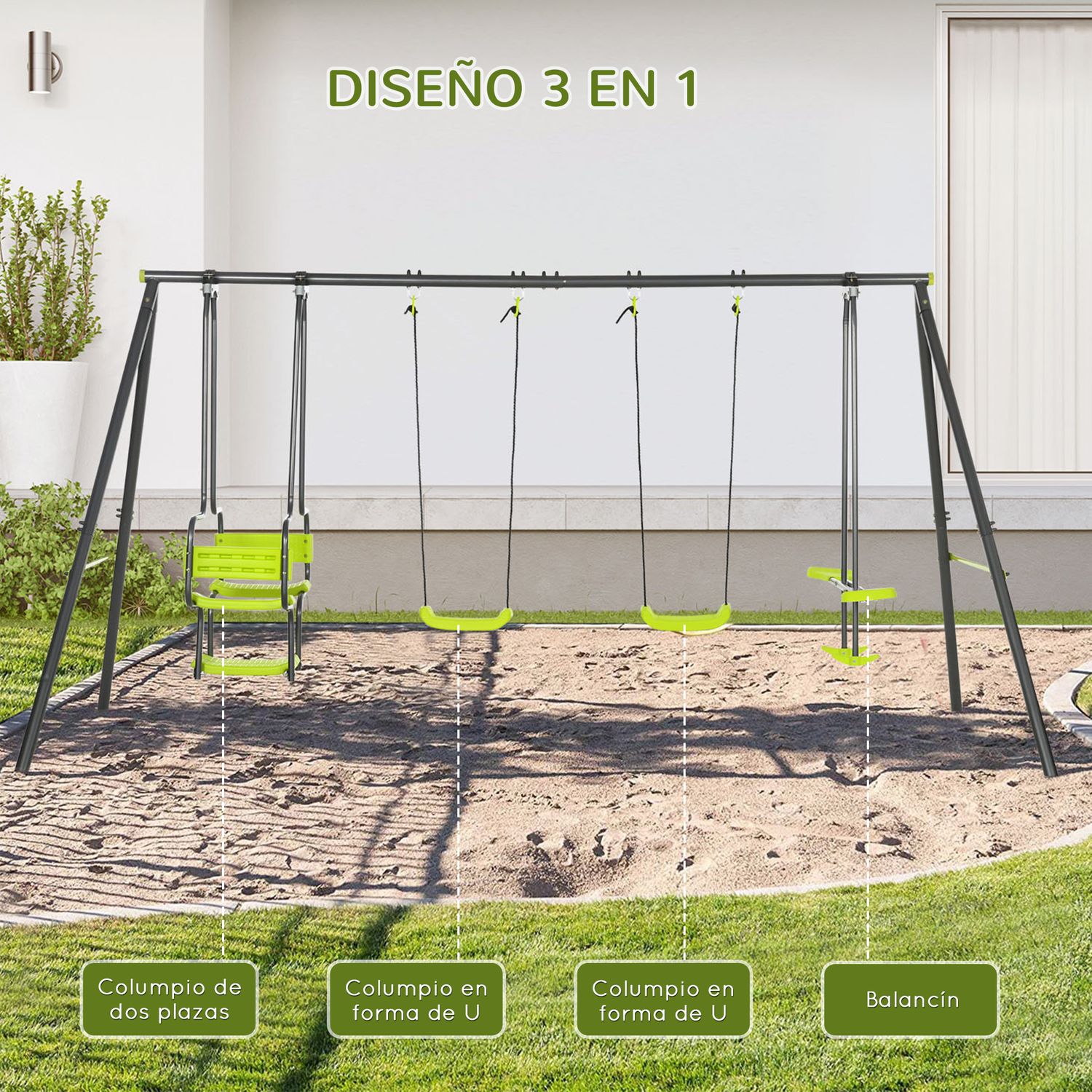 Juego De Columpio Infantil Outsunny Acero Pe 355x184x186 Cm Verde