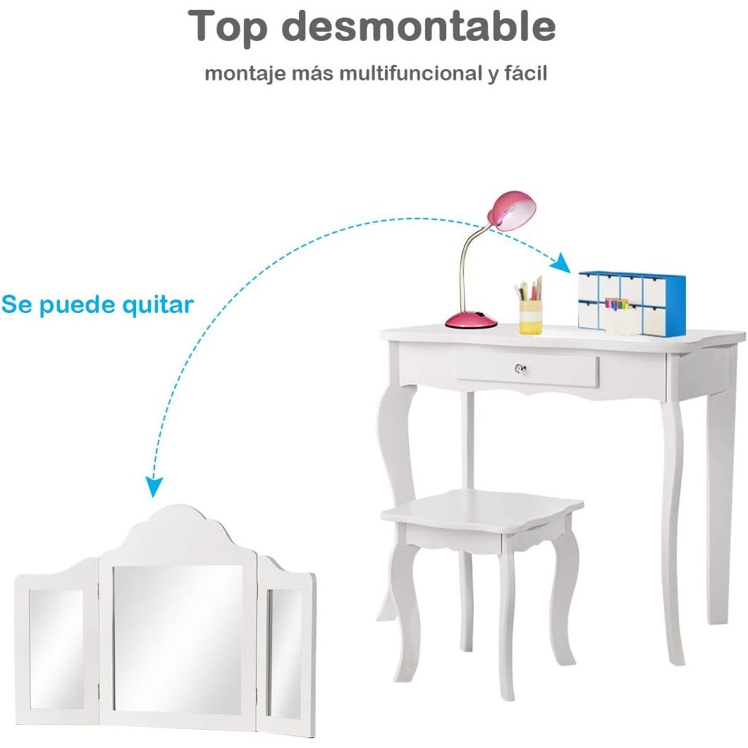 Tocador Con Taburete Y Espejo Para Niña De Mdf Y Madera Mesa De Maquillaje Con Cajón Costway 70 X 34 X 103 Cm